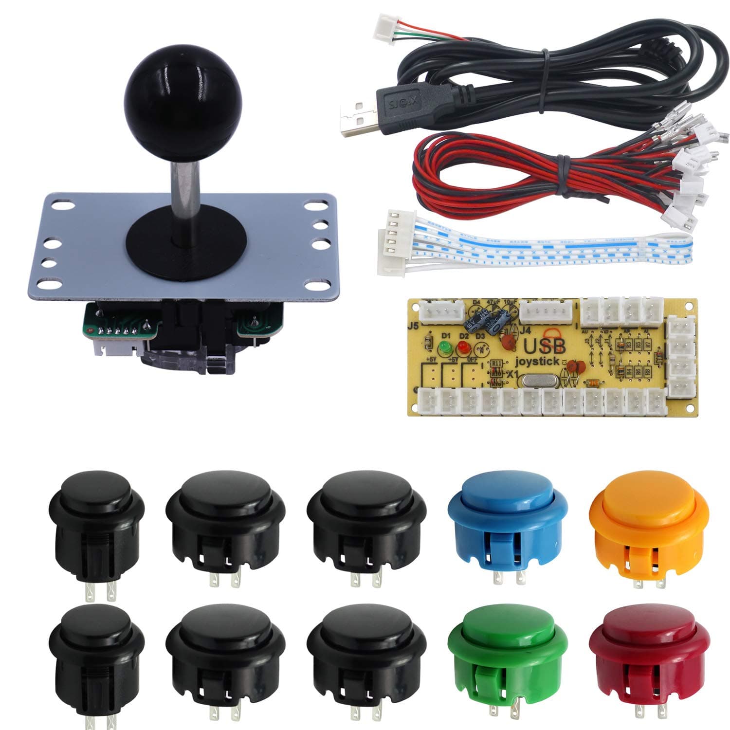 SJJX DIY Arcade Game Button and Joystick Controller Kit for Rapsberry Pi and Windows,5 Pin Joystick and 10 Push Buttons 823a mix black