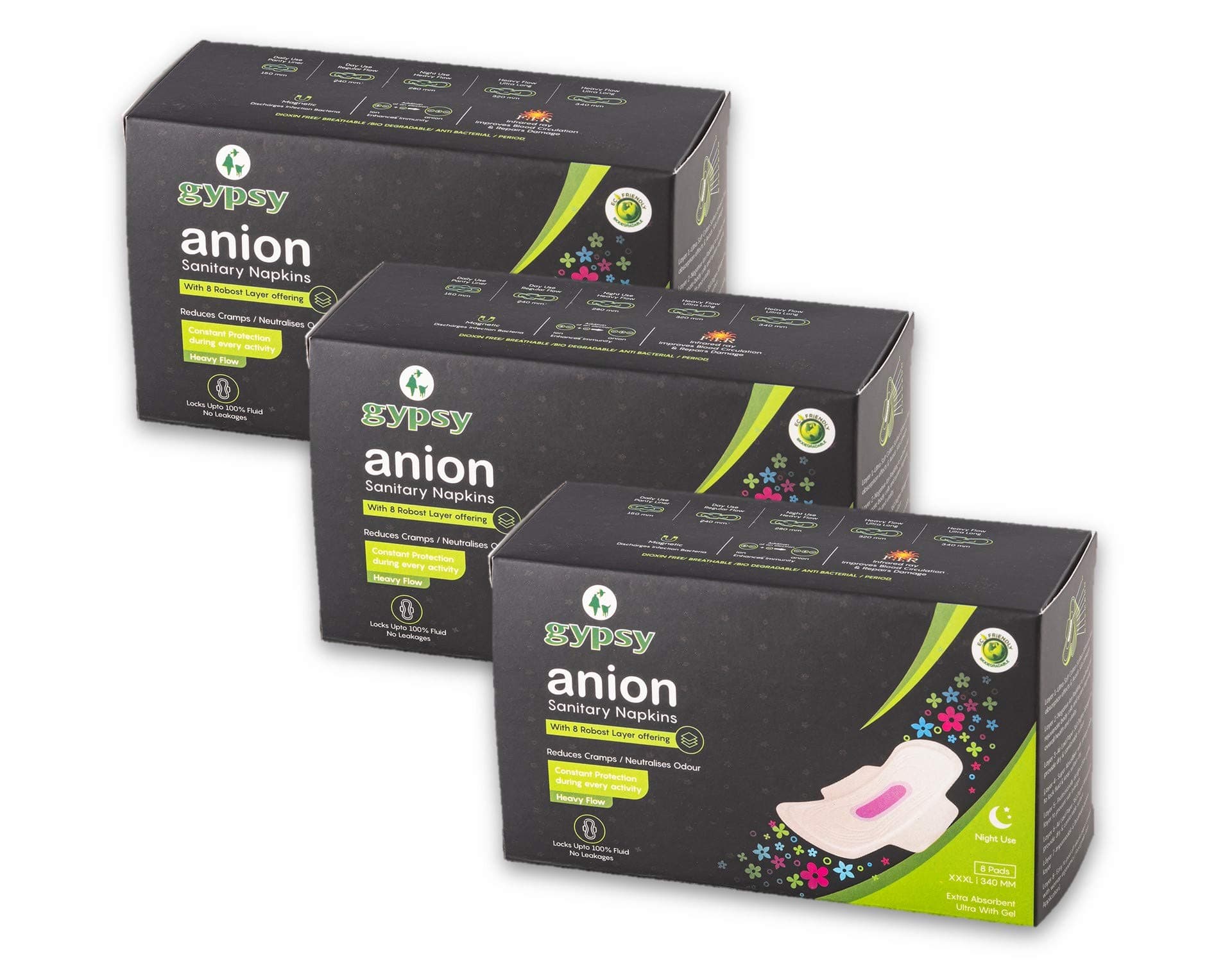 Gypsy Anion Ultra Thin Sanitary Pads For Women With Wings - XXXL - 24 Napkins (3 x 8) - Soft, Organic Cotton, Anti-Bacterial & Biodegradable