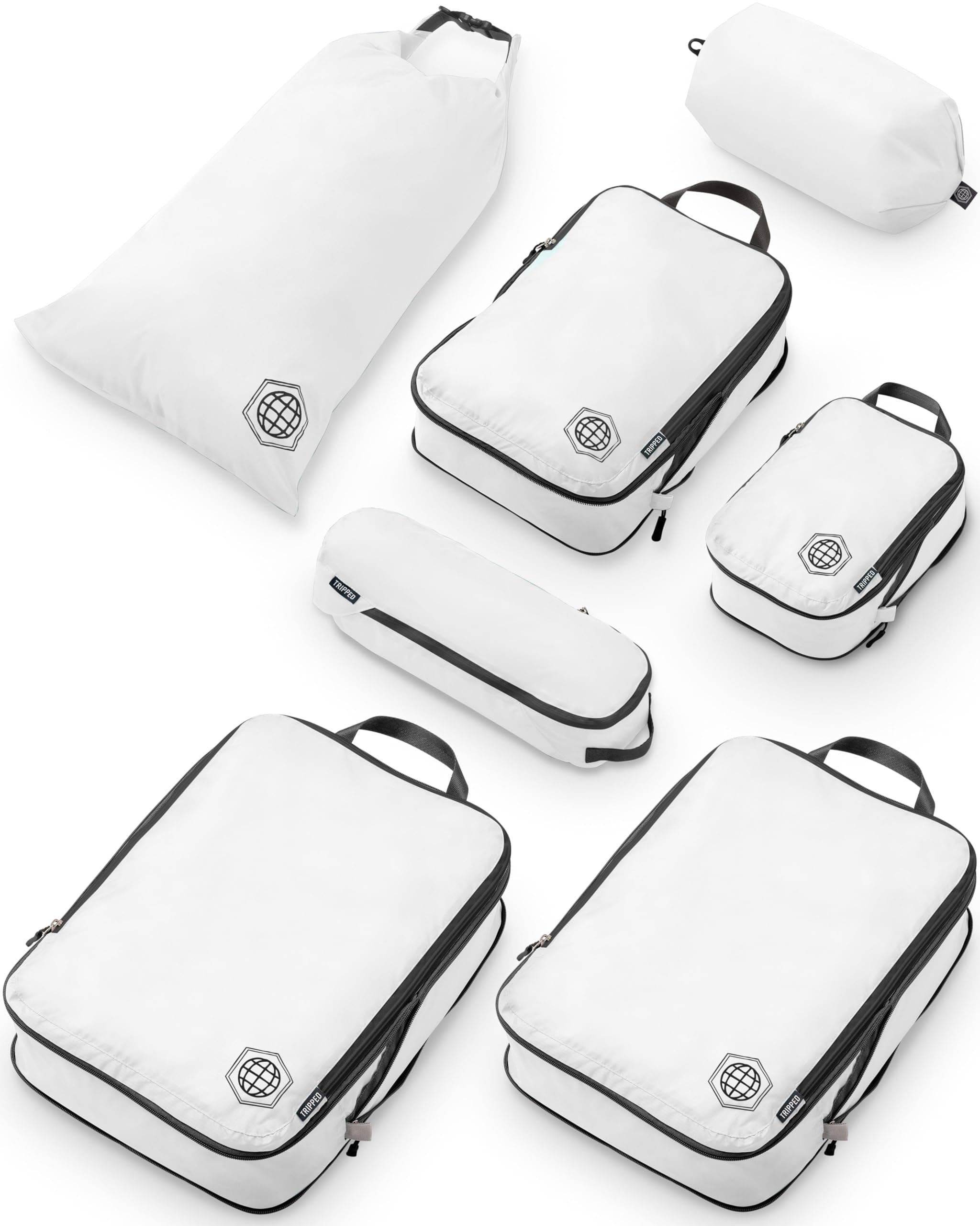 TRIPPED Travel Gear Extra Large Compression Packing Cubes for Travel-Extra Large Packaging Cube Luggage Organizers 7 Piece Set-Ultralight, Expandable/Compression Bags for Clothes (White/Grey)