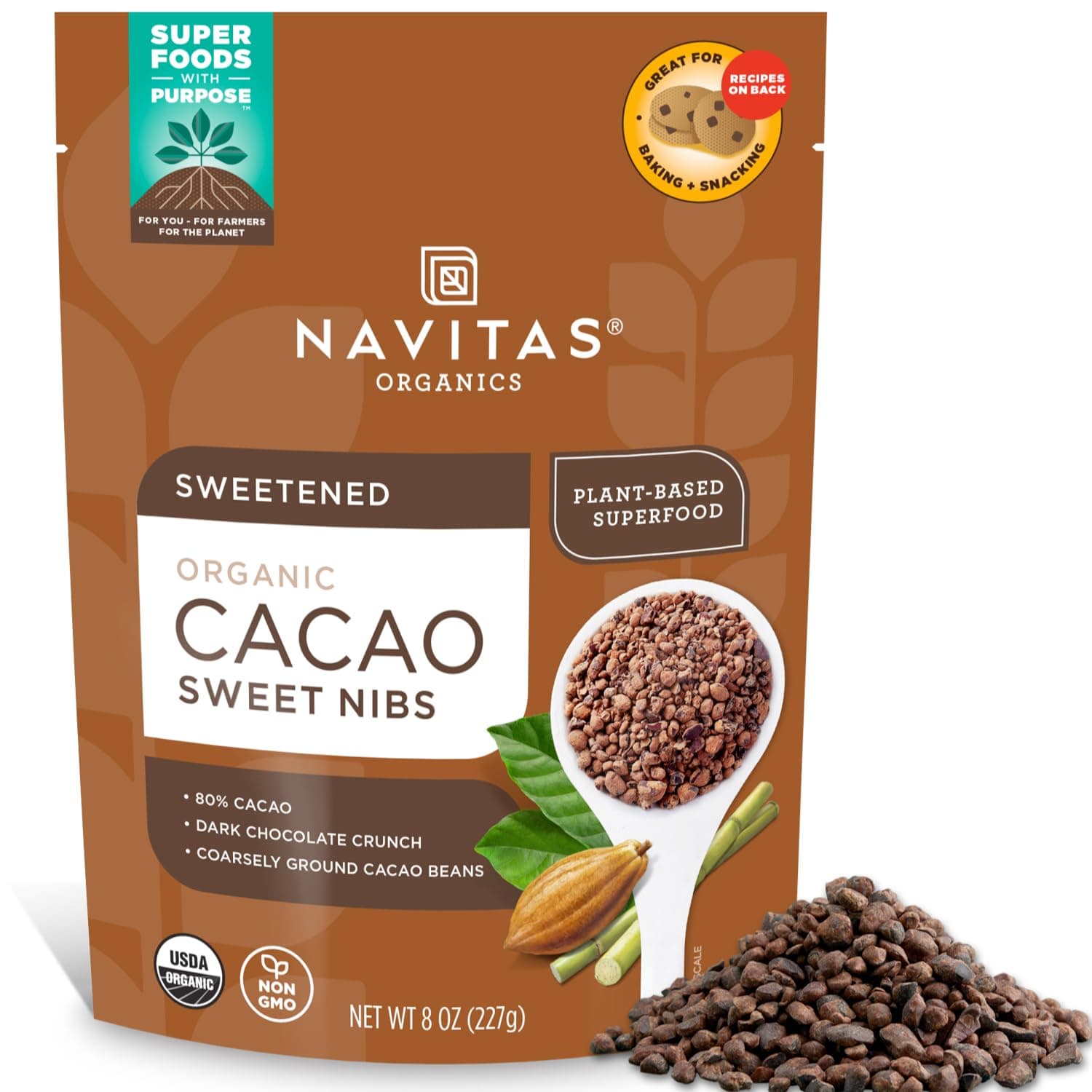 Navitas Organics Sweetened Cacao Nibs Organic, Non-GMO, Fair Trade, Gluten-Free Bag (8oz)
