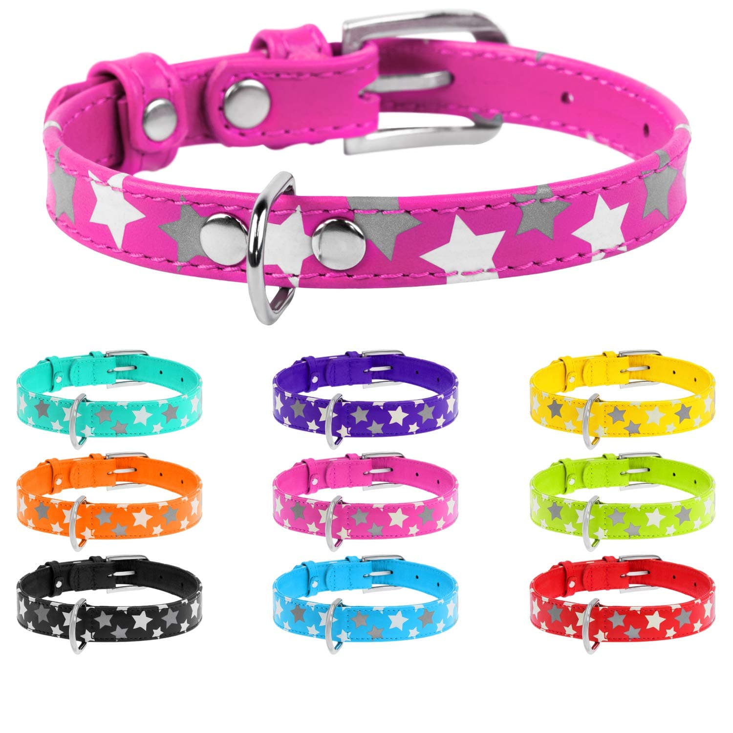 WAUDOG Reflective Leather Dog Collar - Durable Dog Collars for Small Medium Large Dogs Puppy - Red Blue Pink Purple Green Black Safety - Soft Padded - Stars Plus (X-Small 8 1/2"-9 4/5" Neck, Pink)