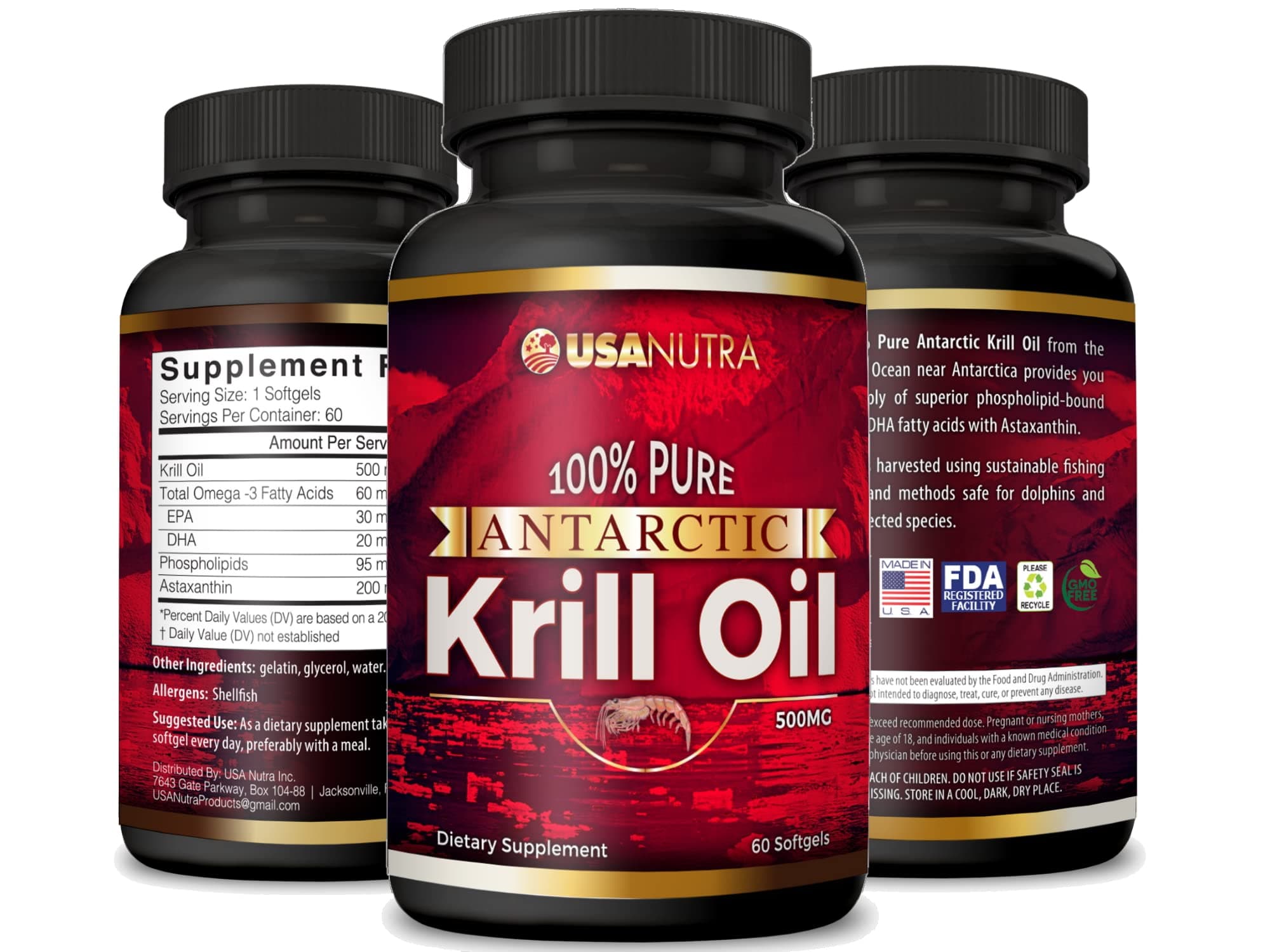 Antarctic Krill Oil Softgels 100% Pure with Omega-3 EPA DHA Astaxanthin 1000mg per Day (2 Softgels). Made in The USA