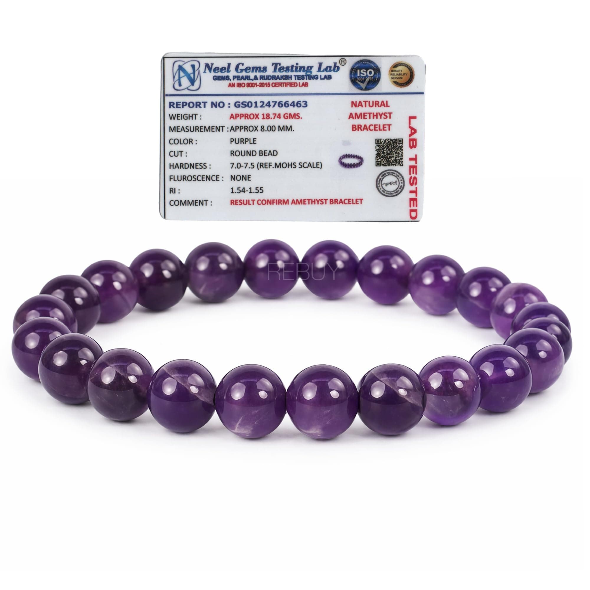 Amethyst Bracelet for Men & Women | Natural Crystal Gemstone Jewelry | Lab Certified 8mm Stone Beads | Spiritual Energy, Meditation & Crown Chakra Balancing Bracelet | Pack of 1
