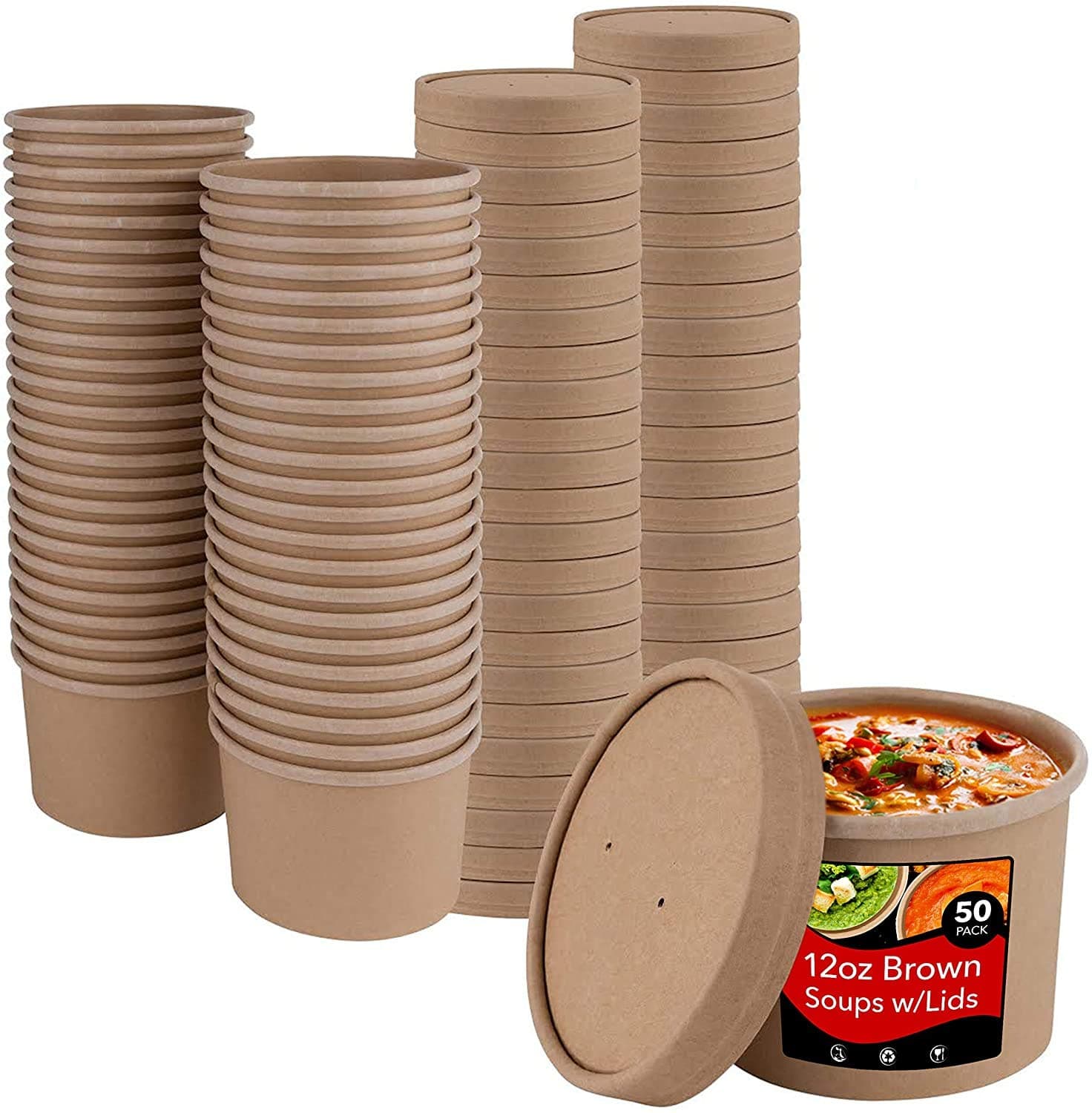 50 x 12oz Kraft Soup Cups - Takeaway Brown Soup Deli Pots with Lids Takeaway Tubs Perfect for Ice Cream Containers, and Desserts (12oz)