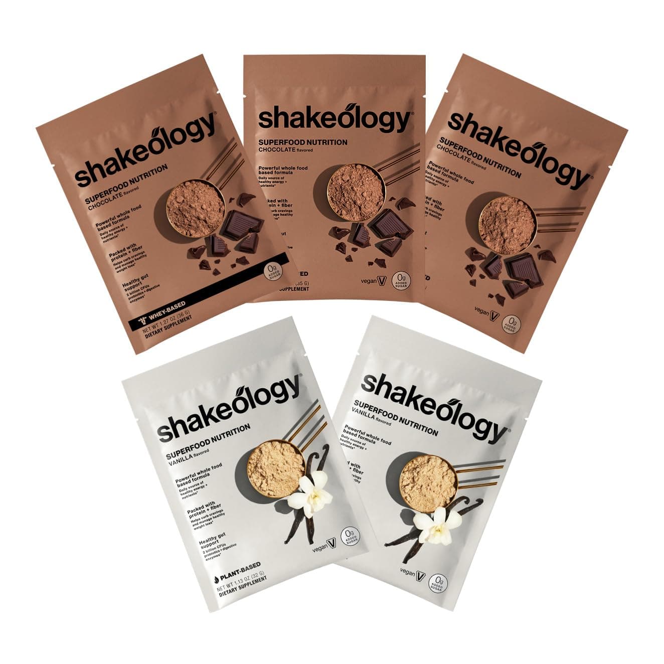 Shakeology 0g Added Sugar Sampler Pack Vegan & Whey Protein Powder, Gluten Free Superfood Protein Shake with Supergreens, Probiotics for Gut Health, Adaptogens, Vitamins, 16g Protein per Serving