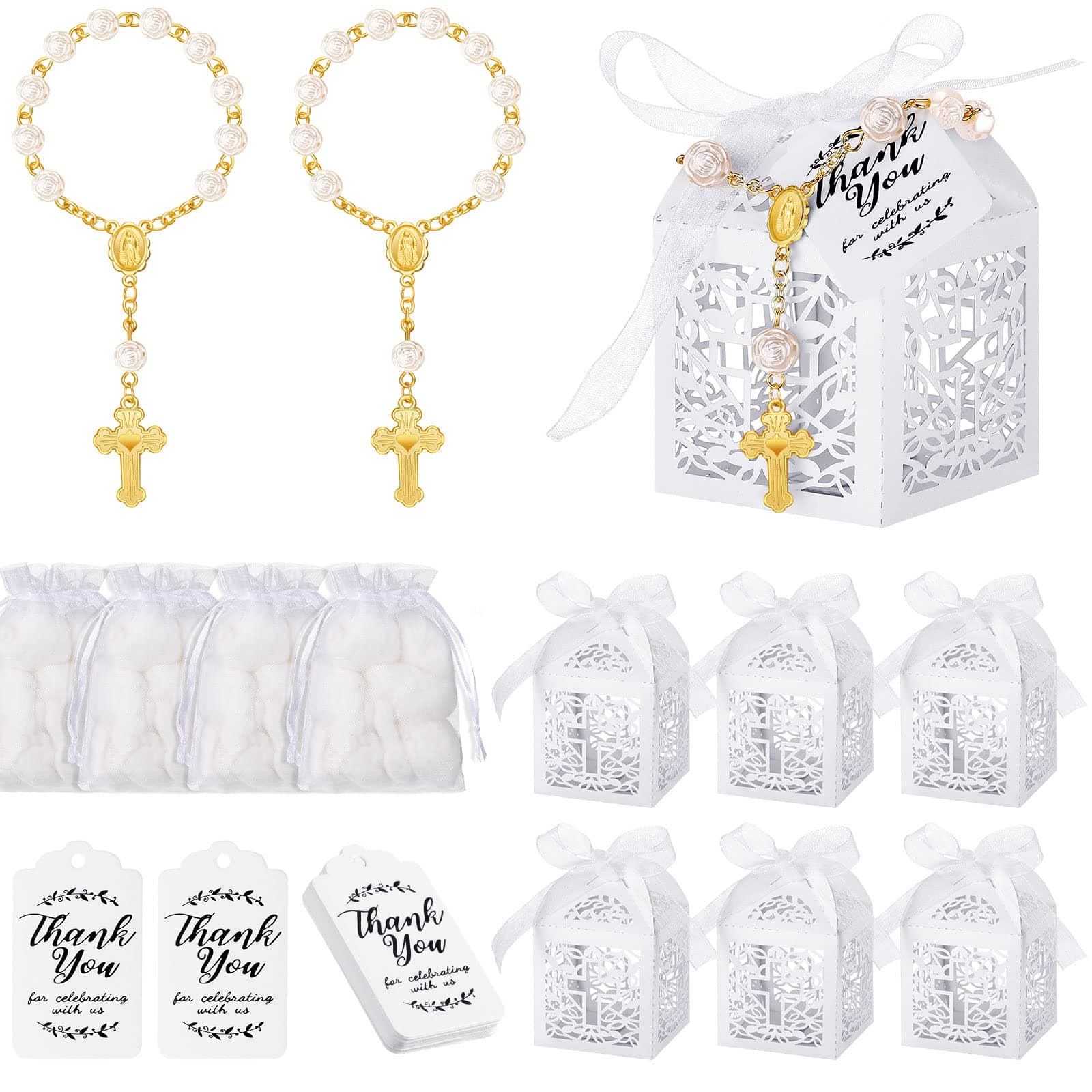 Sureio 100 Pieces Baptism Favors Set Includes 25 Pieces Mini Rosary, Laser Cut Baptism Favor Boxes, White Organza Bags and 25 Pcs Thank You Tags for Baby Shower Gifts Wedding Party Supplies