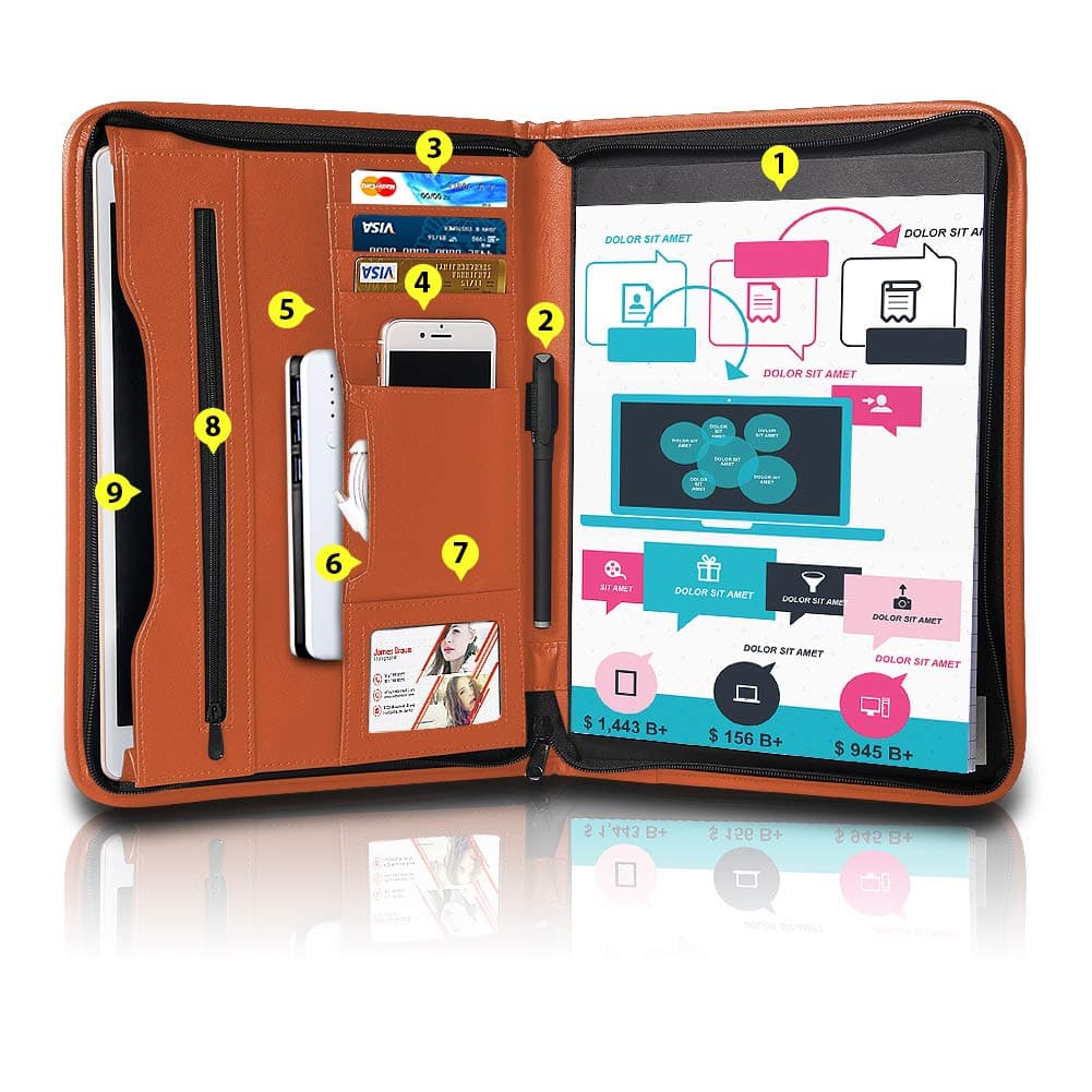 Tyson Padfolio, Resume Portfolio/Business Portfolio, PU Leather Document Storage, Zippered Portfolio Binder with Writing Pad, Card Holder & Phone Slot (Brown PU)