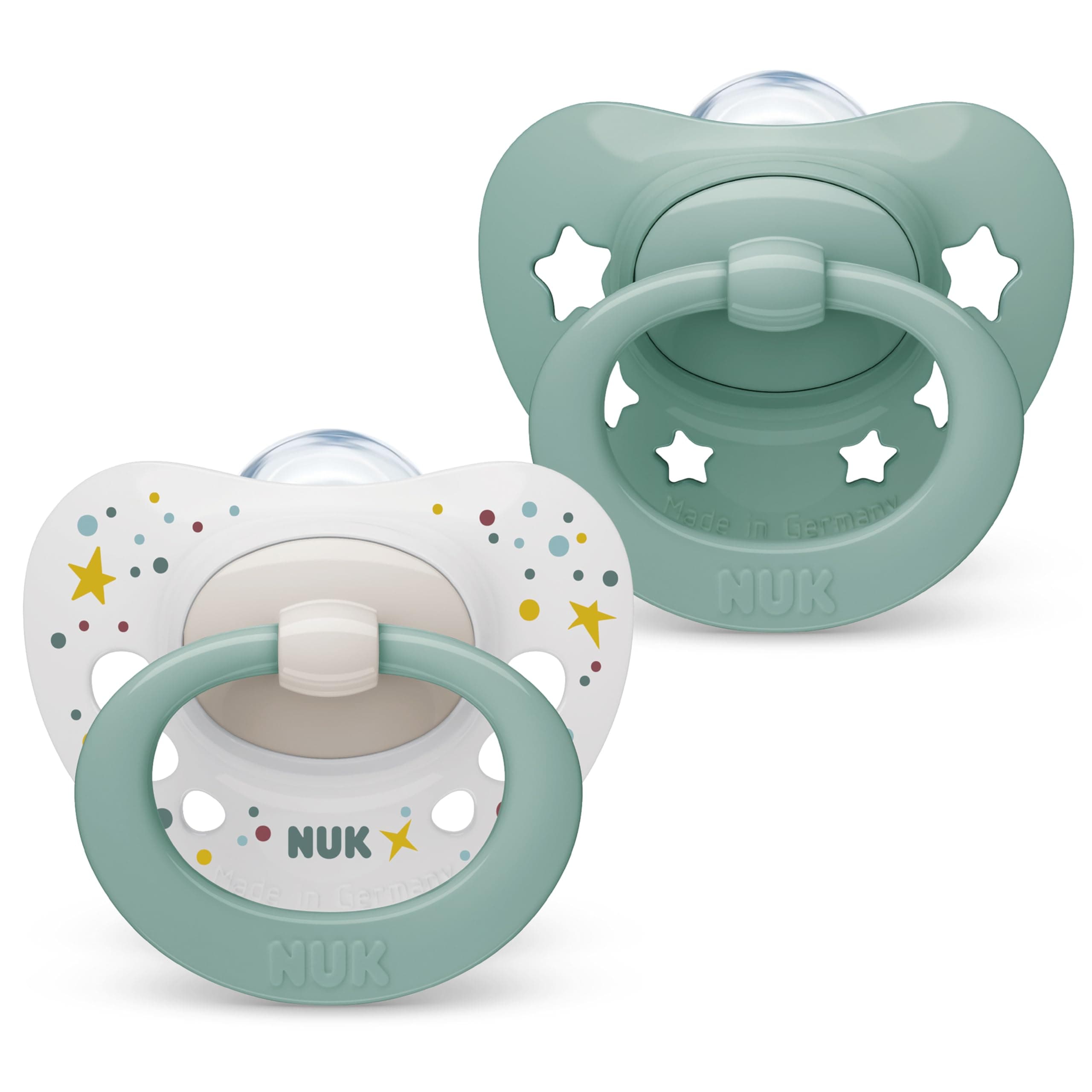 Signature Baby Pacifier | 0-6 Months | Soothes 95% of Babies | BPA Free Silicone Heart-Shaped Pacifier | With Case | Green Stars | Pack of 2