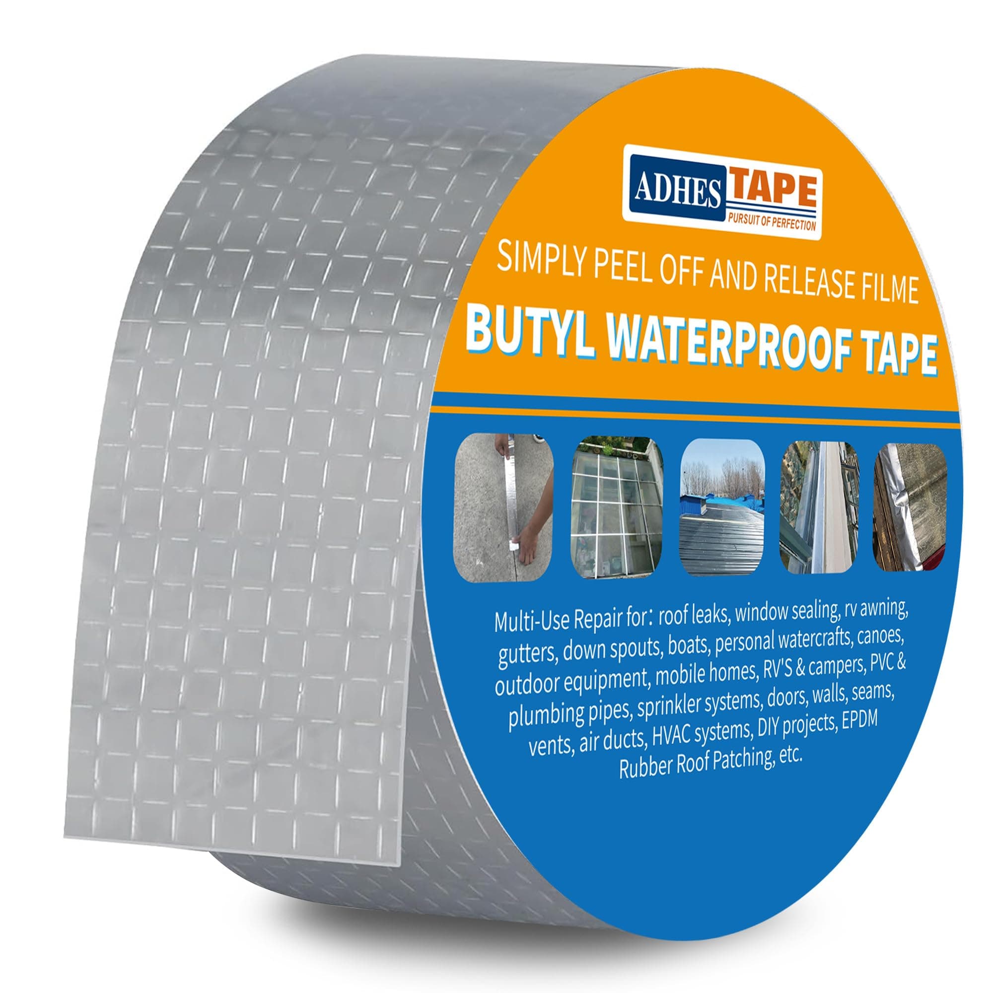 ADHES TAPE PURSUIT OF PERFECTION ADHES Butyl Tape Waterproof Tape, 2inch x 16feet Aluminum Foil Tape Butyl Sealant Tape for RV Repair, Window, Boat and Pipe Sealing, Glass EDPM Rubber Roof Patching(ModelRA100-1,Glue ColorWhite).