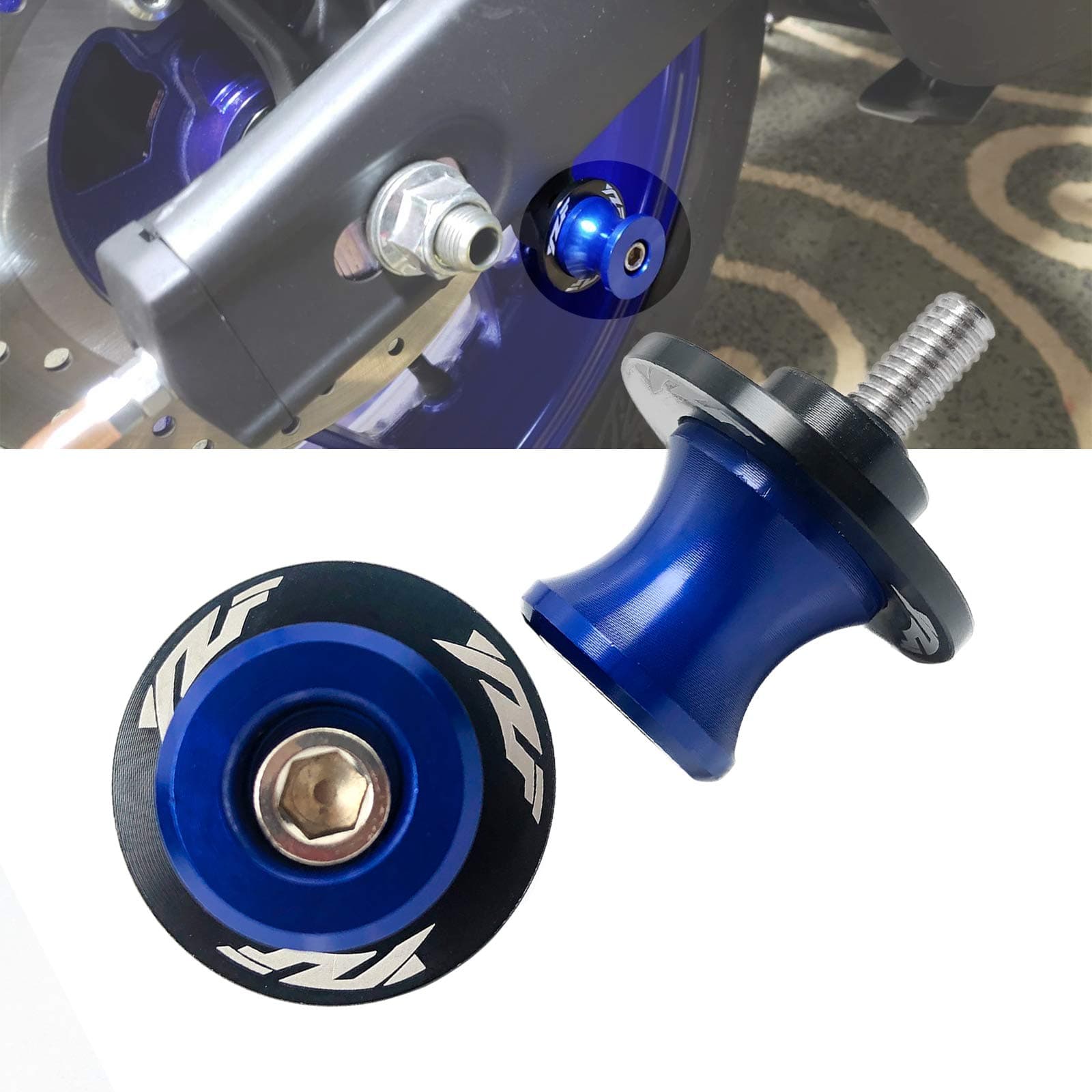- 6MM M6 X 1.5 Motorcycle Swing arm Sliders Spools CNC Swing Arm Stand Screws 2PCS for Yamaha YZF R1 R3 R6 R25 R125 R6S 600R 750R (Blue)