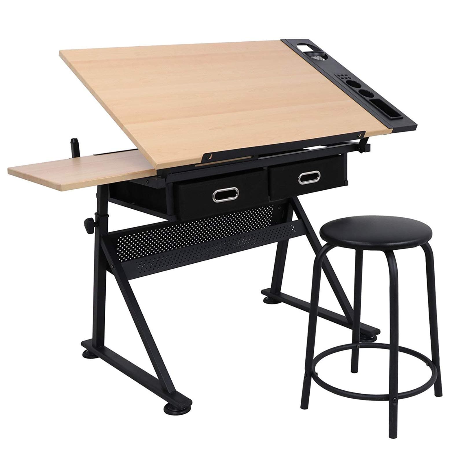 FOBUY Adjustable Tiltable Tabletop Drawing Table Home Office Durable Home Study Desk,with stool