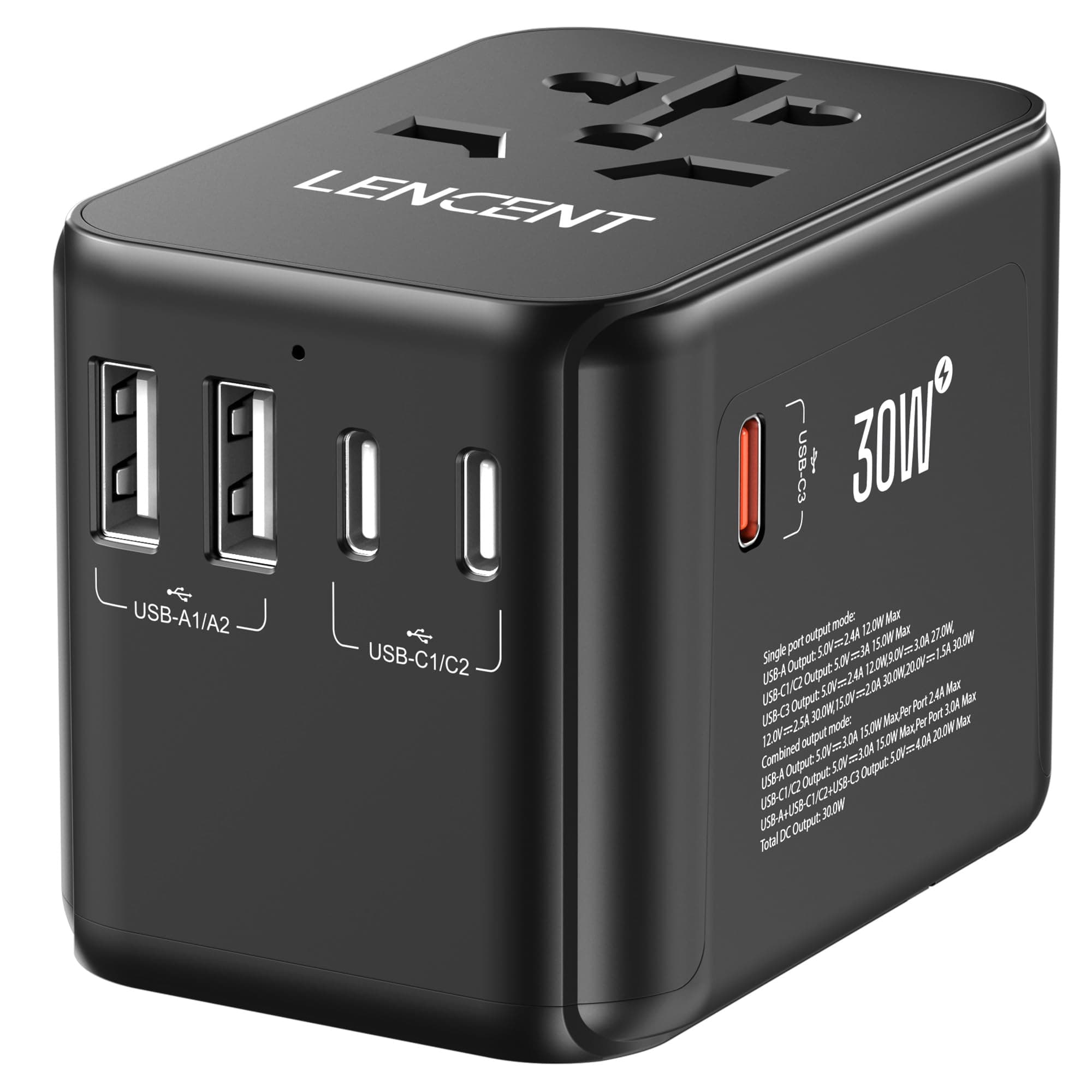 LENCENT Universal Travel Adapter, International Charger with 2 USB Ports & 3 USB-C 30W Fast Charging Adaptor, All in One Worldwide Wall Charger for iPhone,Tablets,Laptops, Type A/C/G/I (USA/UK/EU/AUS)