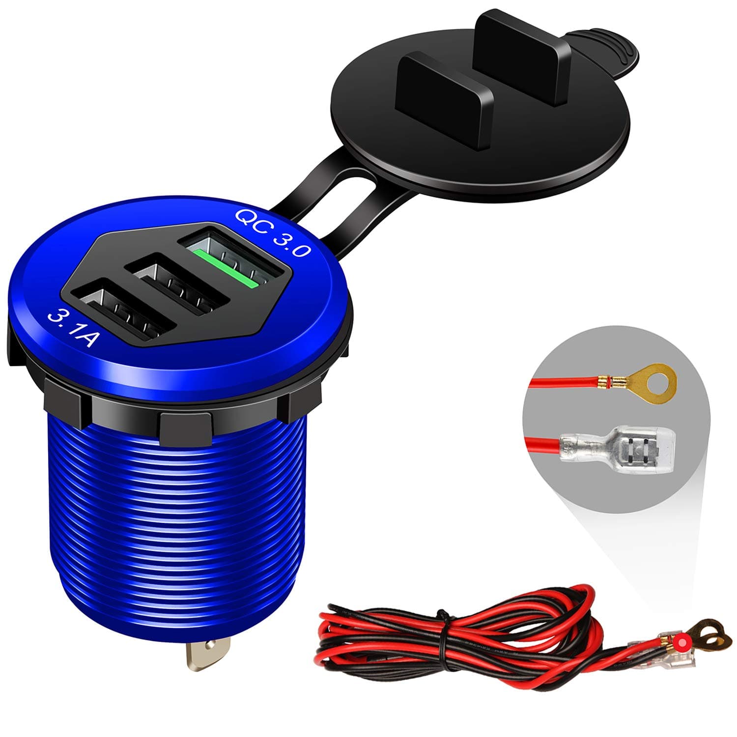 Quick Charge 3.0 Car Charger, 12V/24V 35W QC3.0/2.0 USB Charger Socket, 3 USB Charger Socket Power Outlet Fast Charge with Wire Fuse Aluminum Car Boat Marine ATV Bus Truck Golf Cart and More(Blue