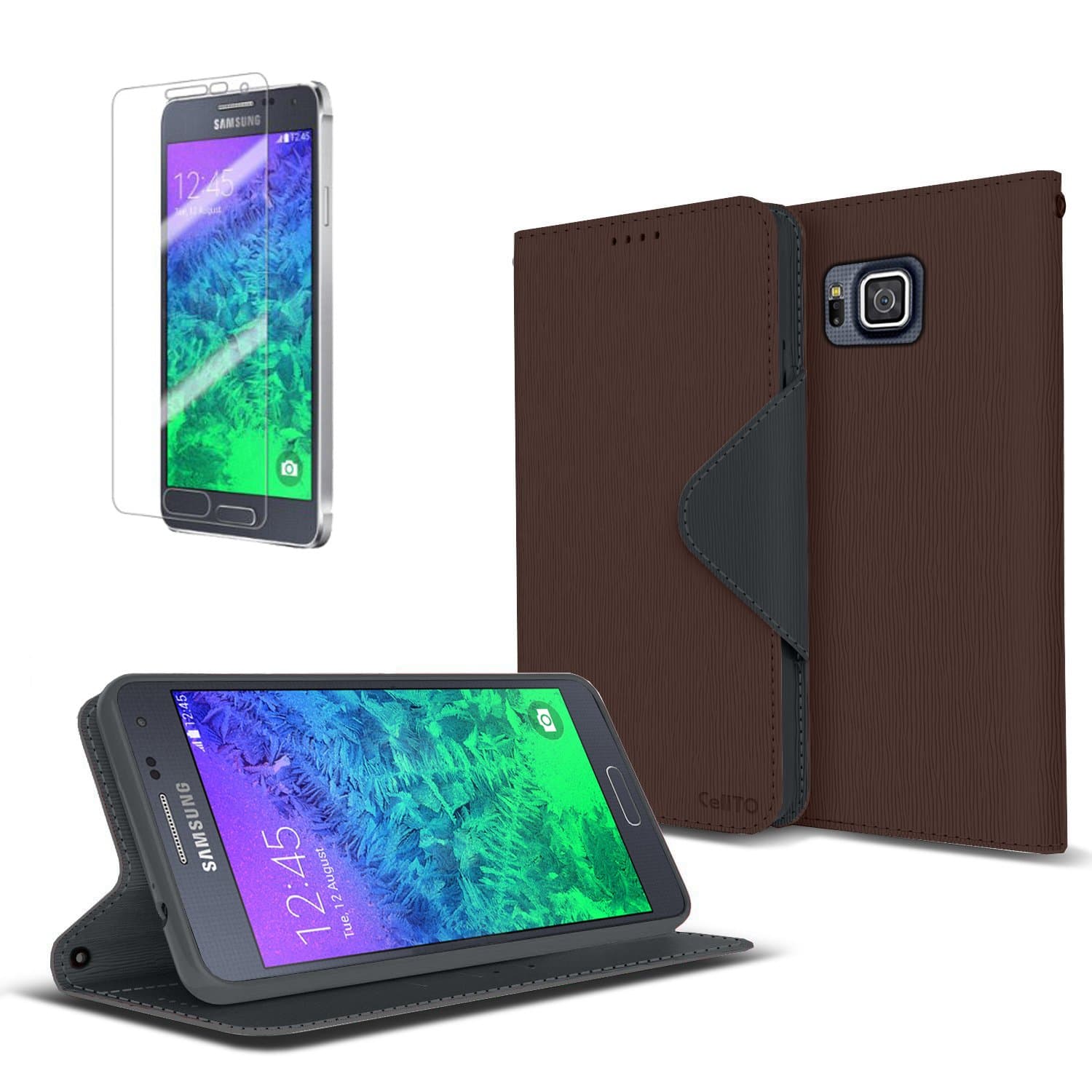 Cellto Samsung Galaxy Alpha Premium Wallet Case [Dual Magnetic Flap] Diary Cover/w ID Pocket (Dark Brown) + Life Time Warranty