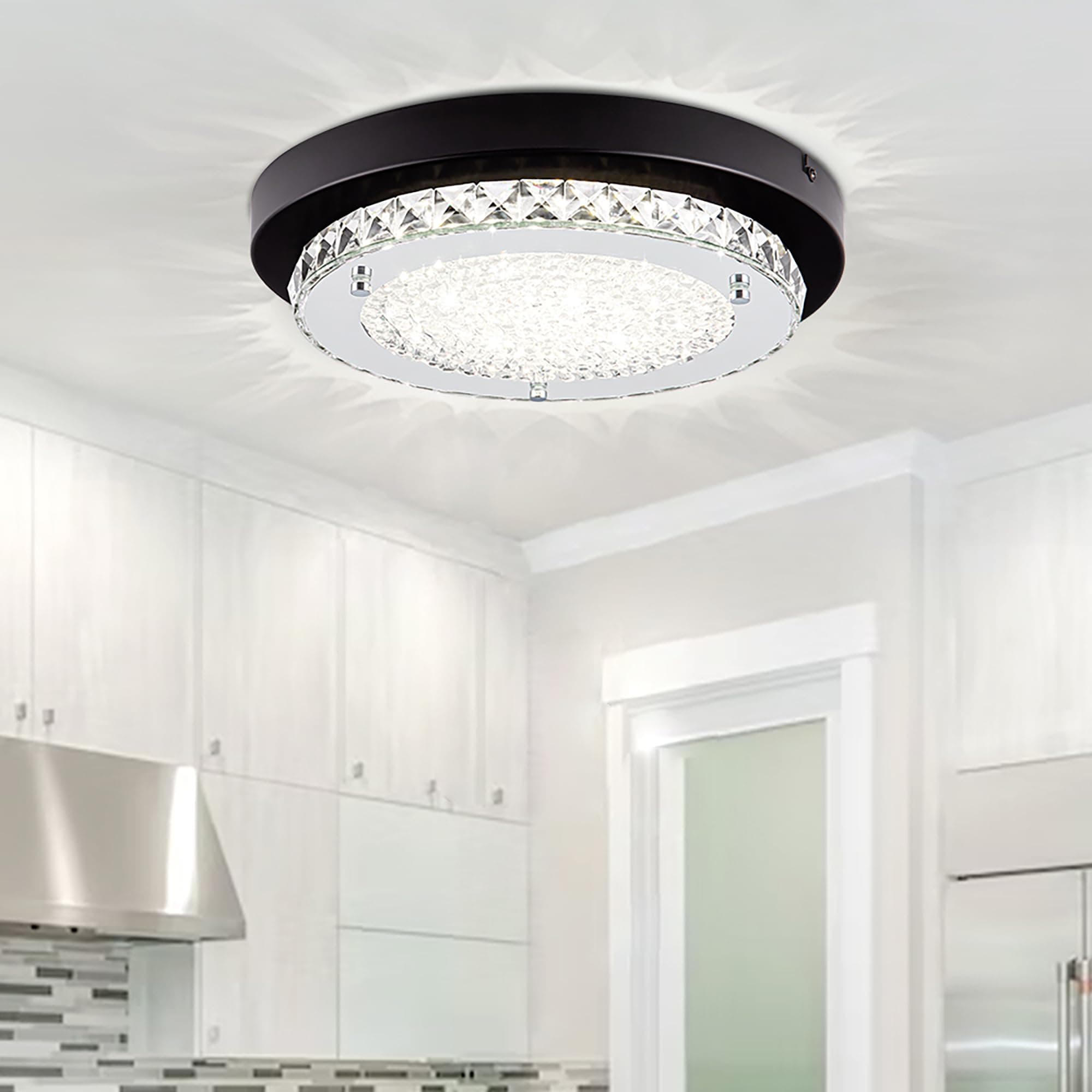 Flush Mount Ceiling Light Crystal Hallway Light Fixtures LED Bathroom Ceiling Light Fixture 13 Inch Dimmable Modern Small Black Foyer Lighting for Entryway Laundry Room Dining Room Living Room