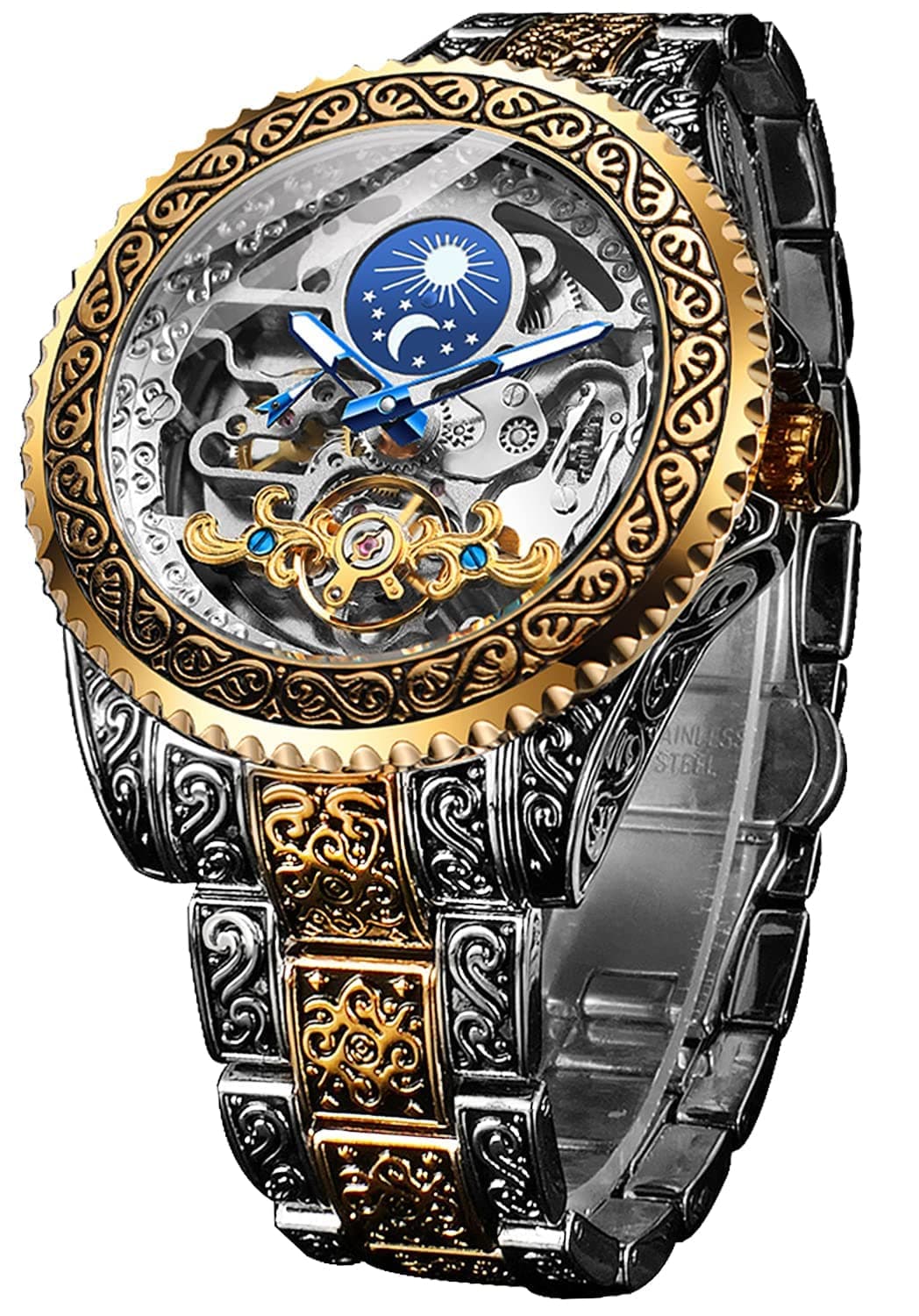 Retro Watch for Men Carved Self-Wind Mechanical Tattoo Tourbillon Moon Phase Independent Seconds Skeleton Automatic Big Dial Wrist Watches