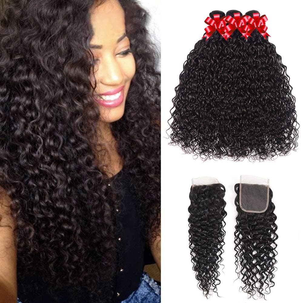 Water Wave Bundles with Closure Brazilian Hair 3 Bundles with 4x4 Lace Closure 100% Unprocessed Virgin Human Hair Wet and Wavy Hair Bundles Ocean Wave Bundles Human Hair Extension(16 18 20+14)