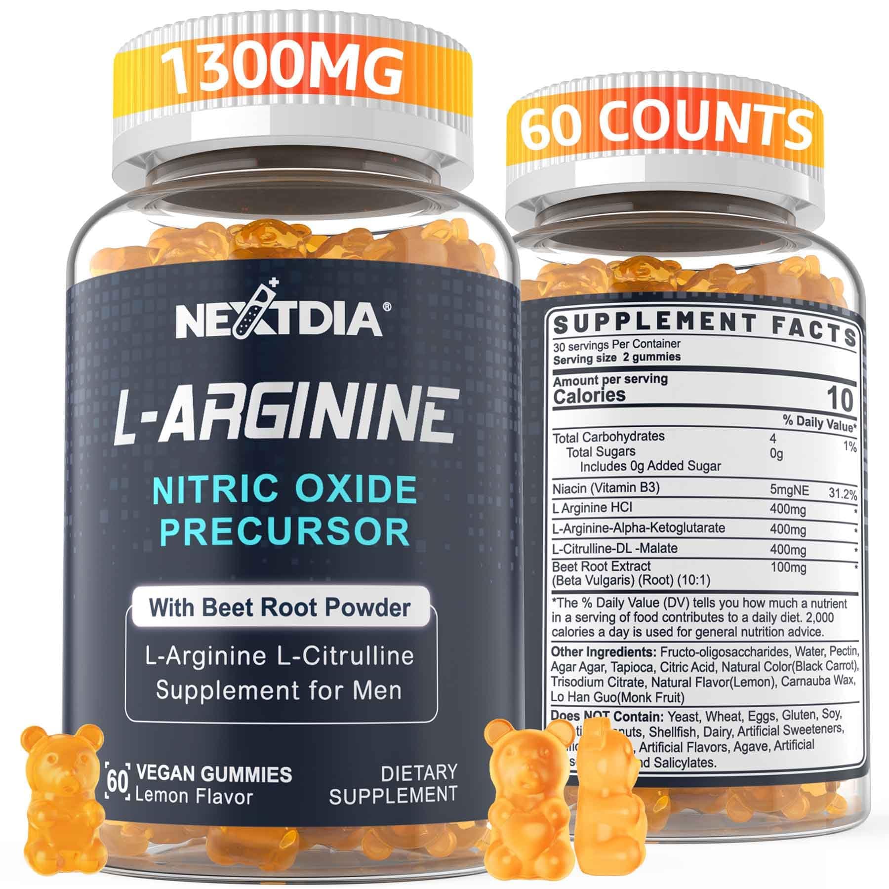 Sugar Free L Arginine Nitric Oxide Gummies 1300mg for Men & Women with L Citrulline, Beet Root, B3 | L Arginine L Citrulline Supplements | Vegan, 60 Counts