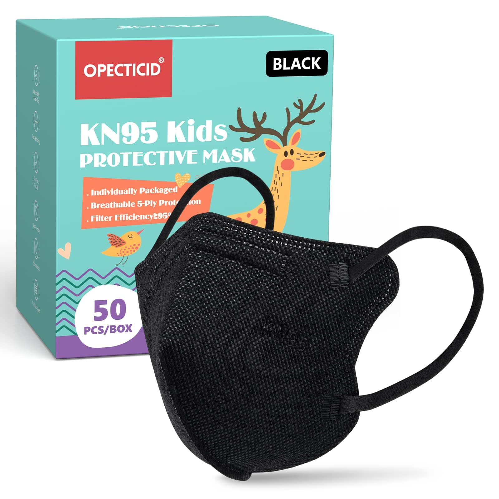 KN95 Masks Small, OPECTICID 50 PCS Black Disposable Face Mask Black Filter Efficiency≥95%, 5-Ply Breathable Layer Filter Disposable Masks
