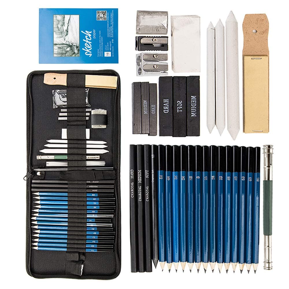 36Pcs Sketching Pencils Set, Drawing Pencils Set for Artists Includes Graphite Pencils, Charcoal Pencils, Paper Erasable Pen, Craft Knife, Pencil Extender with Zipper Case