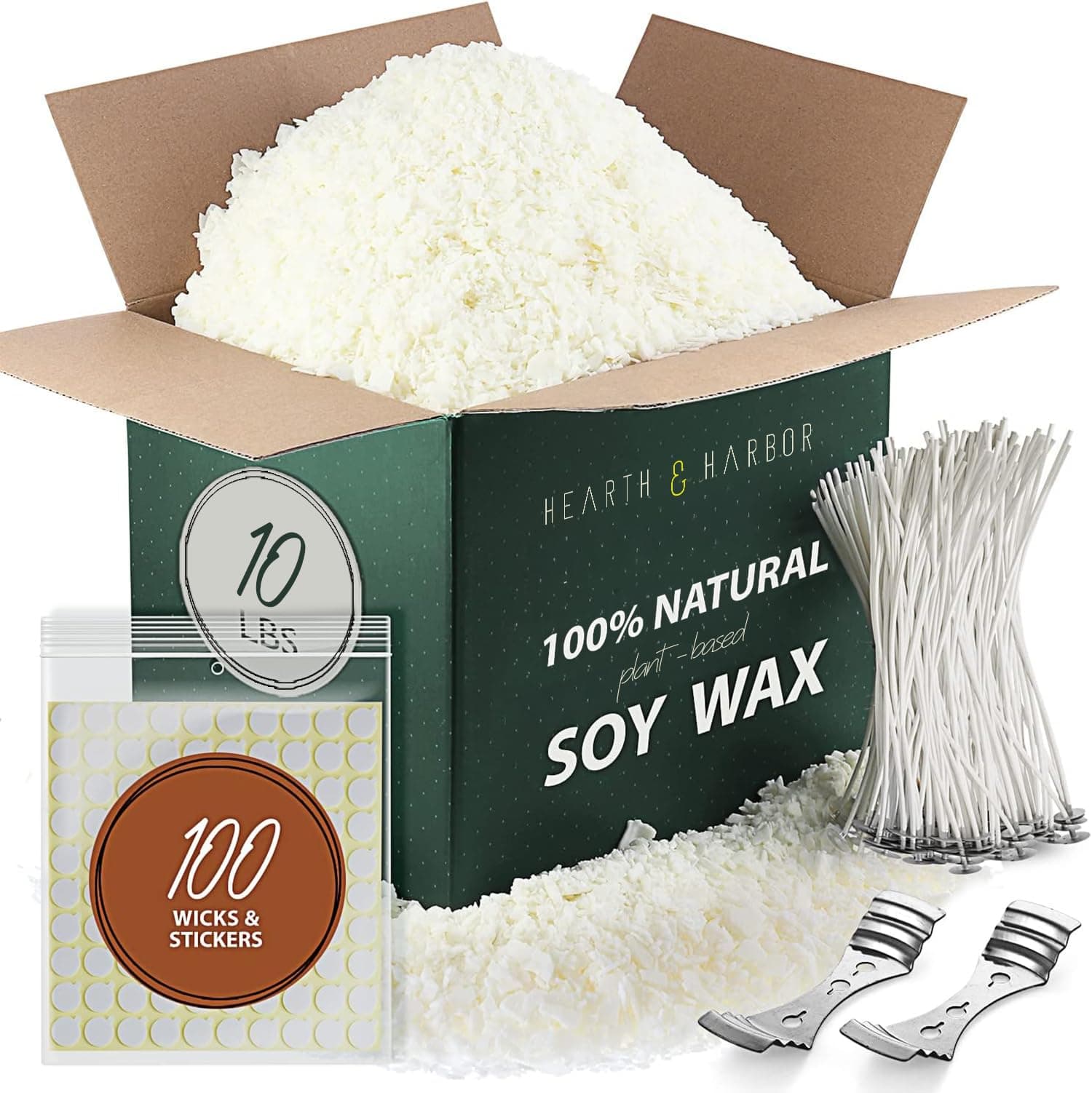 Hearth & Harbor Soy Candle Wax for Candle Making, 10 lb Bag, Premium Natural Soy Wax Flakes, 100 Cotton Candle Wicks, 100 Wick Stickers, 2 Centering Devices