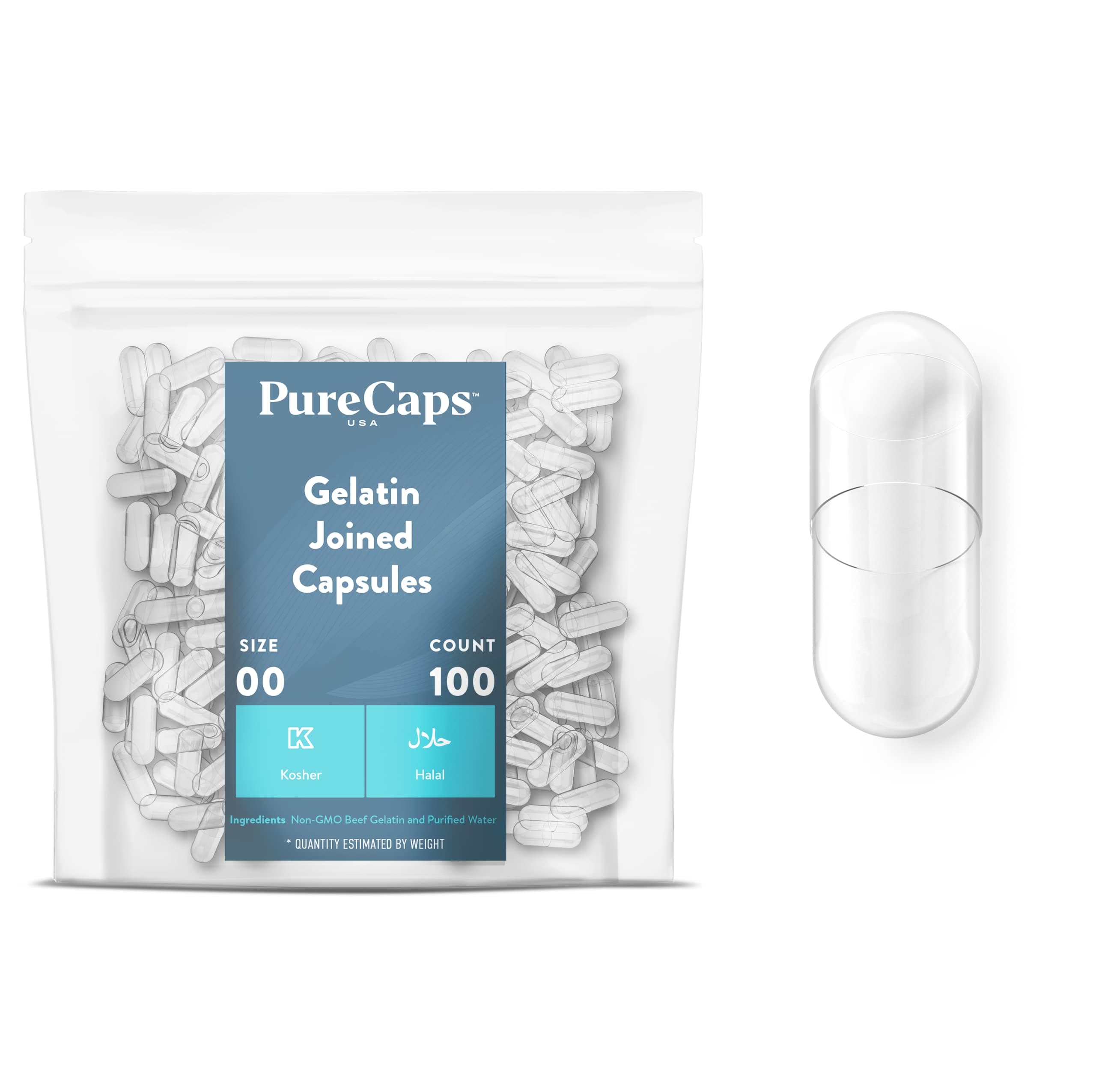 PureCaps USA - Empty Gelatin Capsules Size 00, 100 Empty Joined Gel Pills, Clear, Non-GMO Certified, Kosher, Gluten Free and Halal Certified, Pure Beef Gel Pill Capsules Empty