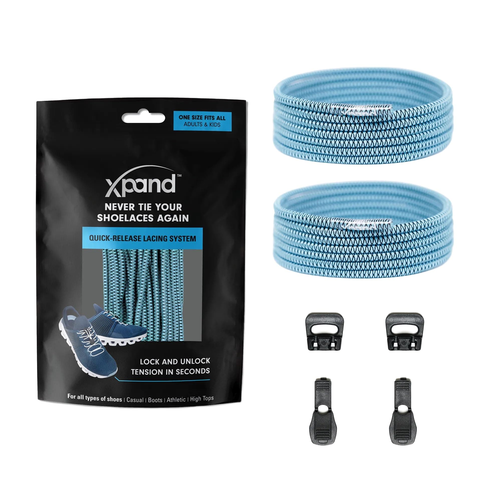 Xpand Round Lacing. Elastic No Tie Shoelaces - Quick Release Tension Control - One Size Fits All Adult and Kids Shoes