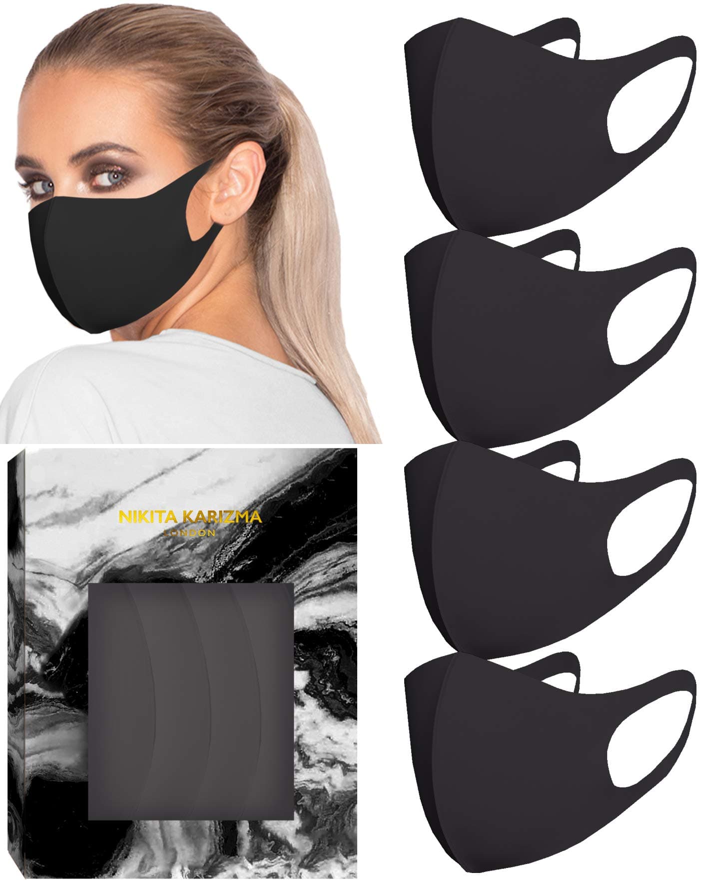 KARIZMA Styling Essentials Cloth Face Mask for Women Pack. 4 Buttery Soft Masks Washable Fabric. Single Colour Pack - Black Face Mask Reusable. Stretchy, Comfortable, Fresh Facemask.