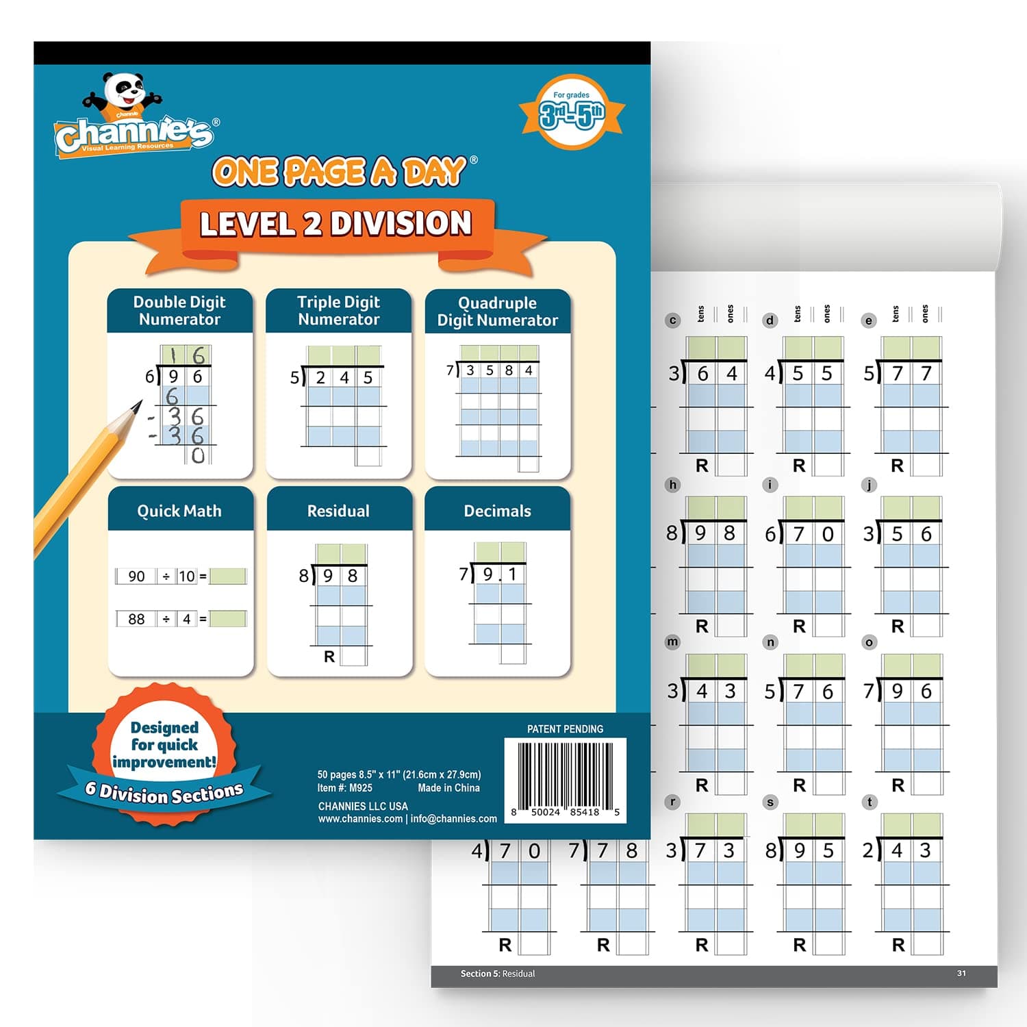 Channie’s One Page a Day Level 2 Division Workbook, Educational Math Activity Book for Kids, Ideal for 3rd to 5th Grade, 50 Pages of Level 2 Divisions for Daily Practice with Answer Sheets Included