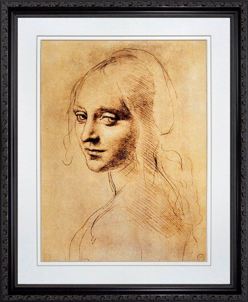 Female Head by Leonardo da Vinci Framed Art Print Poster Custom Made Real Wood Dark Mahogany with Black Trim Frame (18 1/8 x 22 1/8")