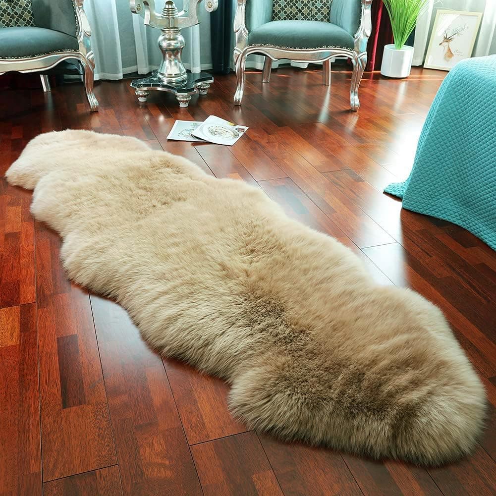 LLB Genuine Sheepskin Area Rug Wool Rug Fur Carpet Fluffy Shaggy Fur Rug for Living Room Kids Bedroom Real Sheepskin Throw Lambskin Rugs Sofa Mat Chair Seat Covers (Tan, 2 x 6 ft Sheepskin)