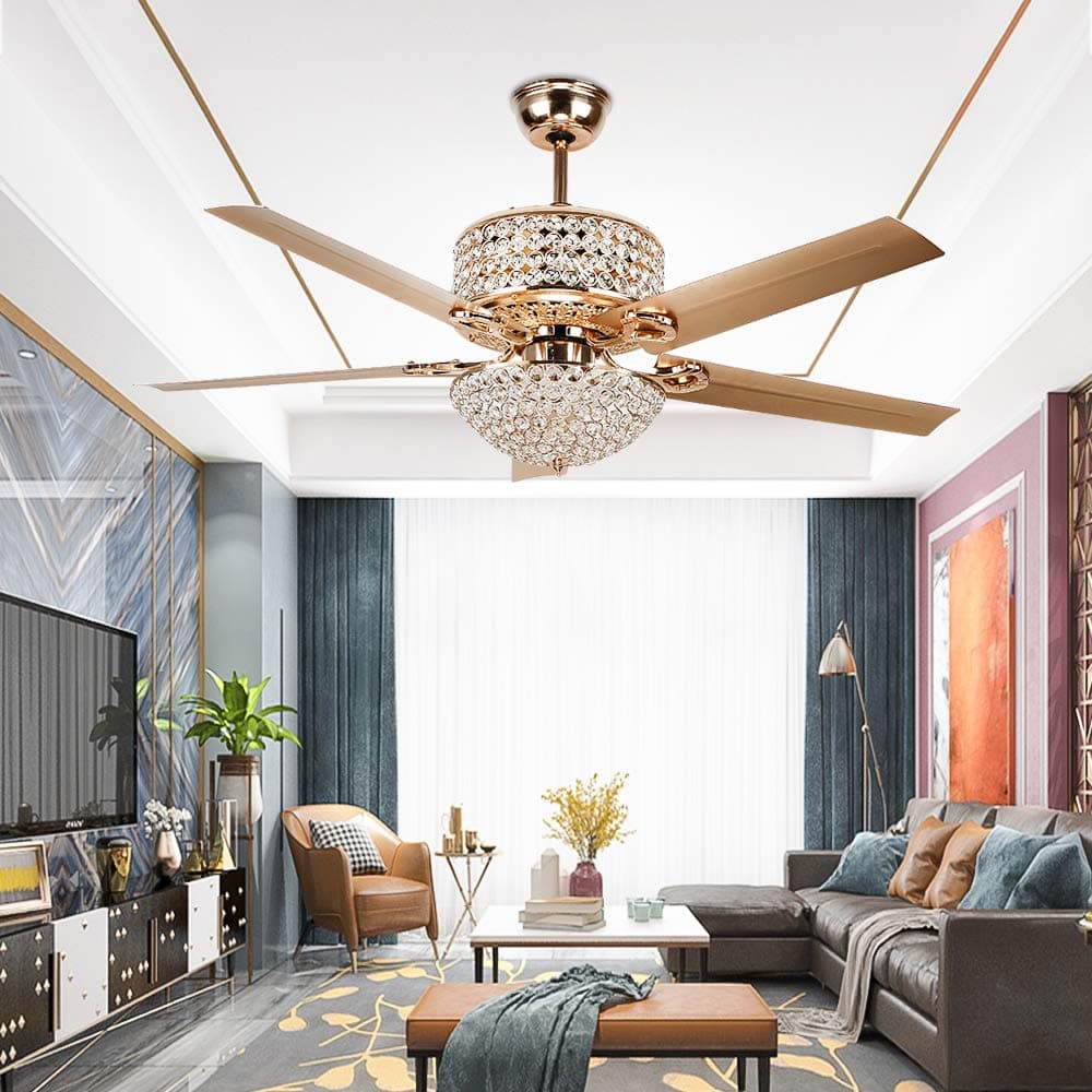 52" Led Crystal Gold Ceiling Fan Light Luxury Light Fixture Quiet Motor 5 Premium Metal Wood Blades 3 Speed Ceiling Fan Remote Control Decoration for Home/Living Room LuxureFan