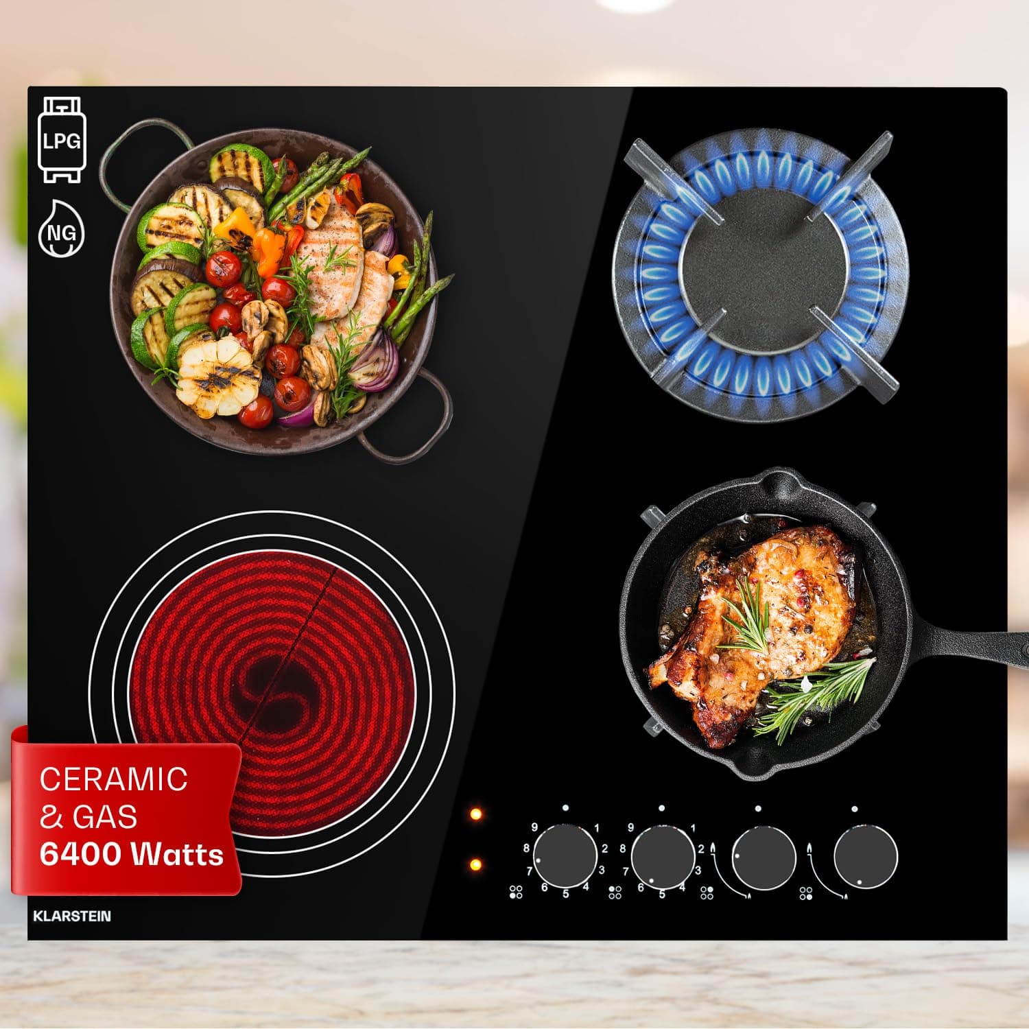 Klarstein Gas Cooker, 4 Burners 6.4 kW Built-in Four Ring Electric Hob, Campervan Cooktop, Stainless Steel Glass Top Wok Burner, 4 Ring Kitchen Stoves