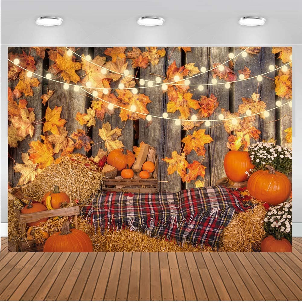 7x5FT Fall Thanksgiving Photography Backdrop Autumn Maple Leaves Hay Pumpkins Background Thanksgiving Party Supplies Farm Harvest Event Banner Becoration Photo Booth Props CY193
