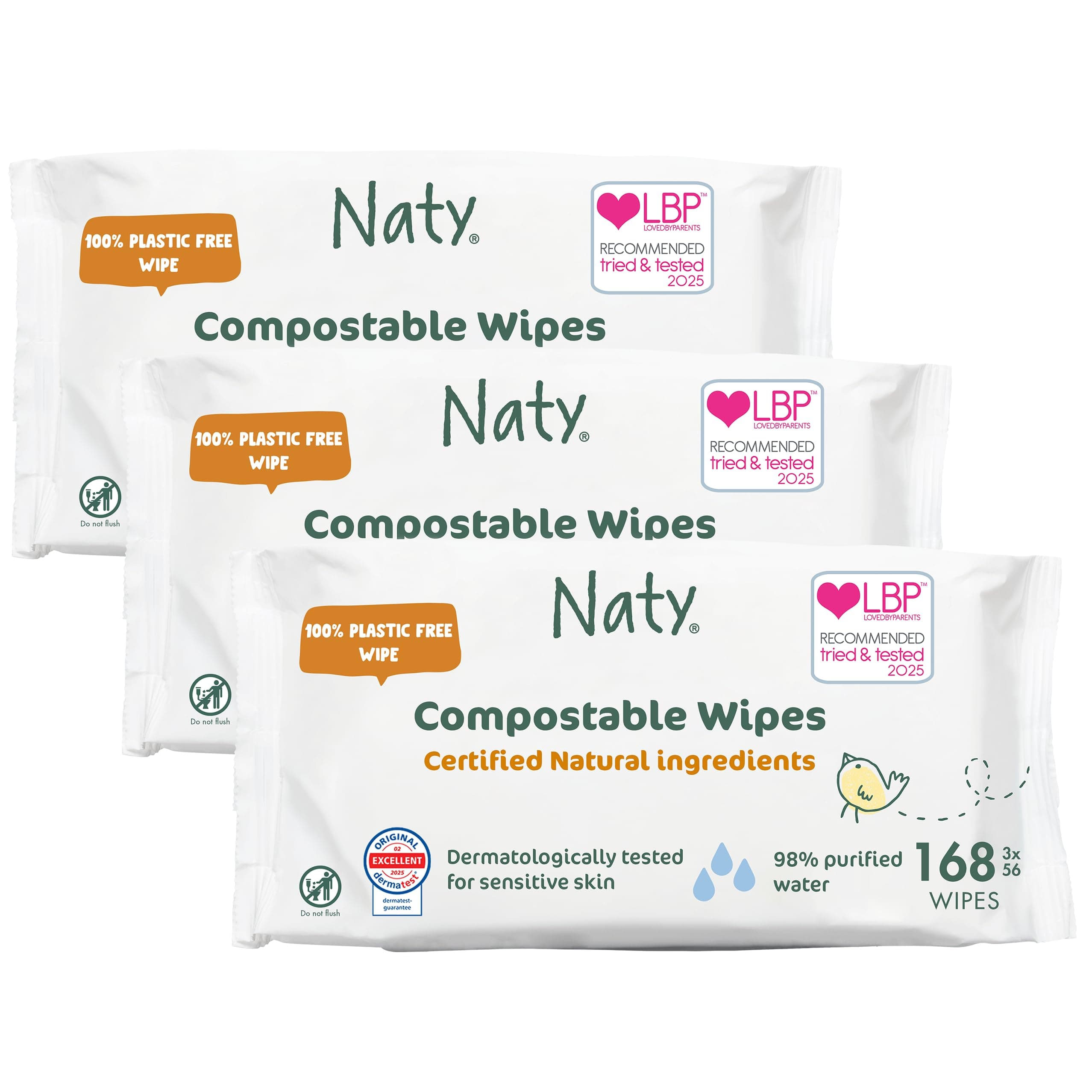 Naty Baby Wipes | 98% Water & Natural for Sensitive Skin | Unscented, Plant-Based, Fragrance-Free | Plastic-Free & Compostable | Newborn & Toddler Gentle Wet Wipes | 168 Count (3 Packs)