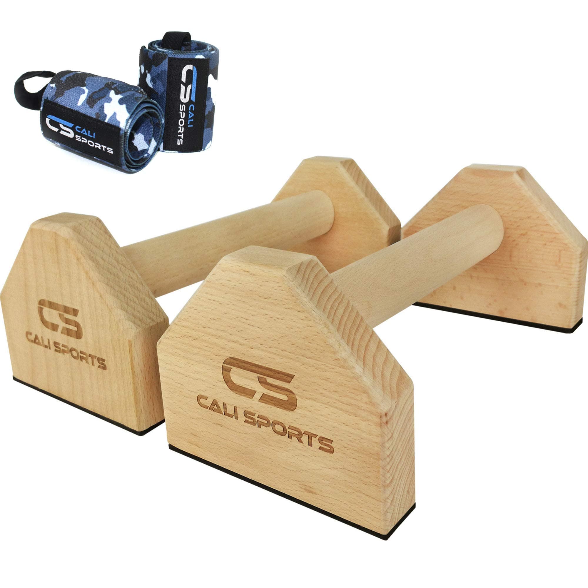 CALI SPORTS Calisthenics Wood Parallettes Bars | Push Up Bar That Will Not Slip or Wobble | Wrist Wraps Included