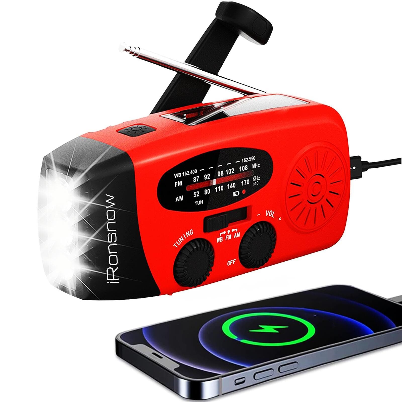IS-088 Dynamo Emergency Solar Hand Crank Self Powered AM/FM/NOAA Weather Radio, LED Flashlight, Smart Phone Charger Power Bank with Cables(Red)