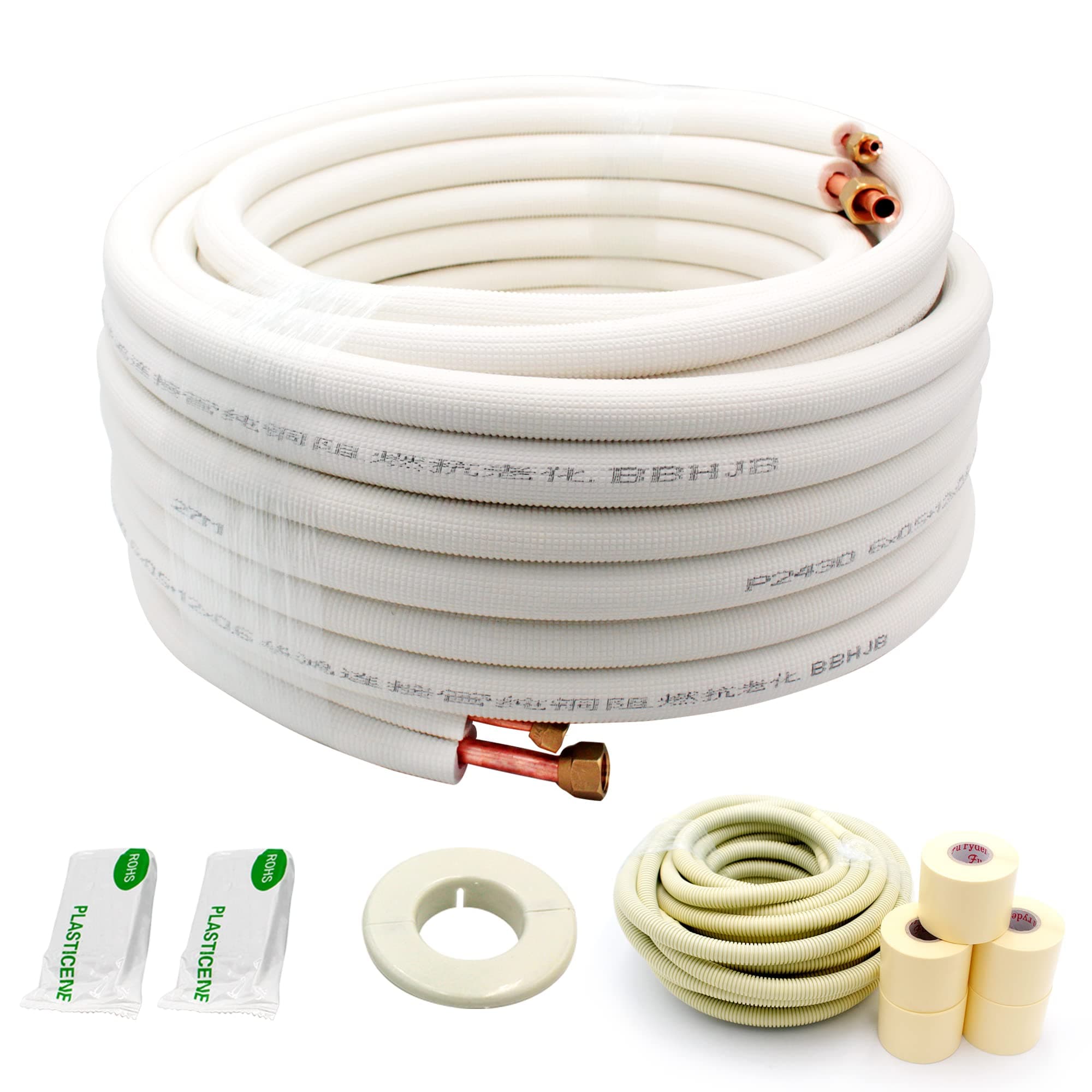 HANSUM Mini Split Line Set,3/8" 5/8" OD Copper Pipes Tubing and White PE Thickened Insulated Coil with Flared Nuts for Mini Split Air Conditioner HVAC or Heat Pump System (33FT(3/8+5/8))