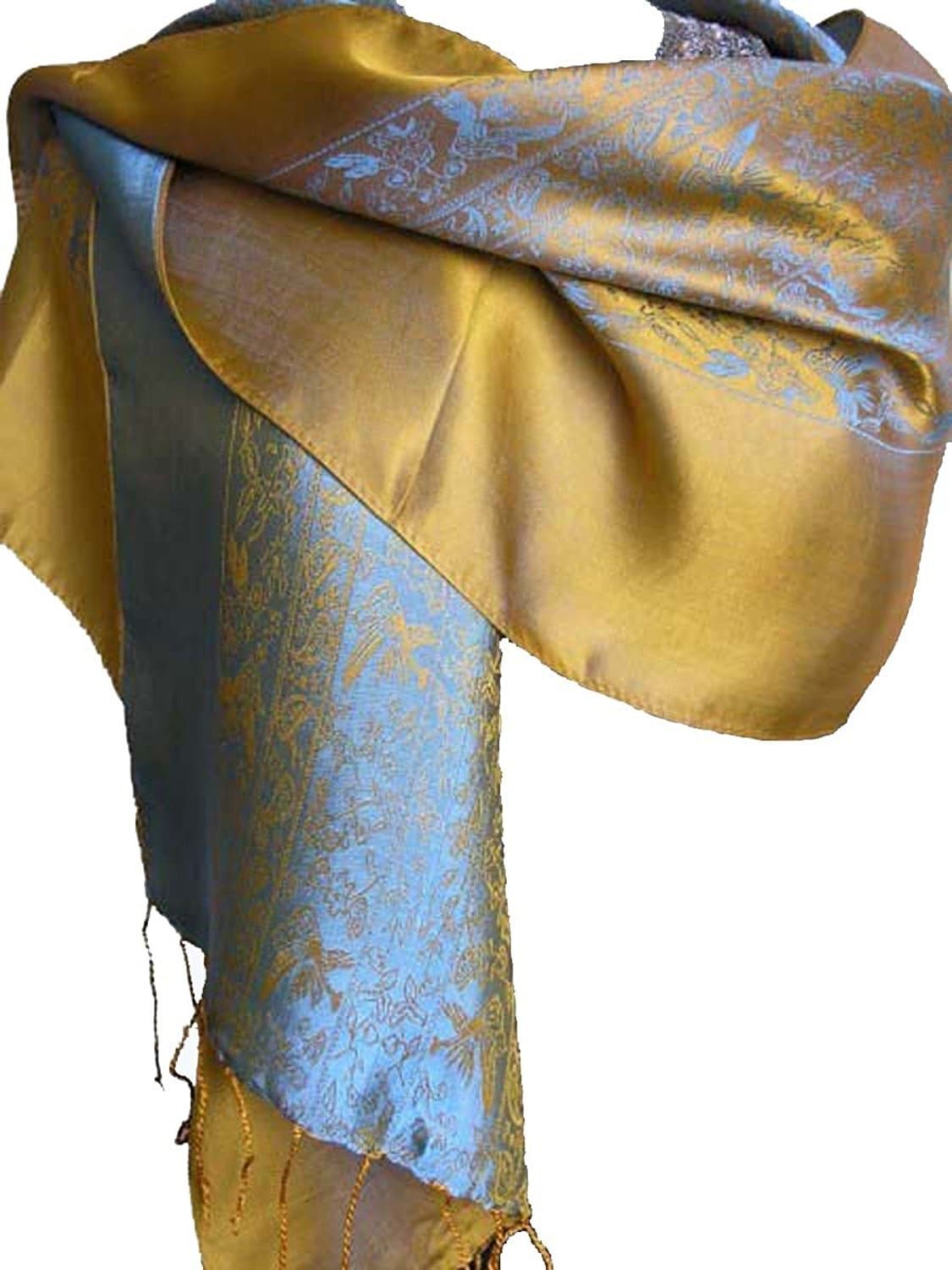 Fandori Silk Scarf with Contrasting Color-Blue and Gold