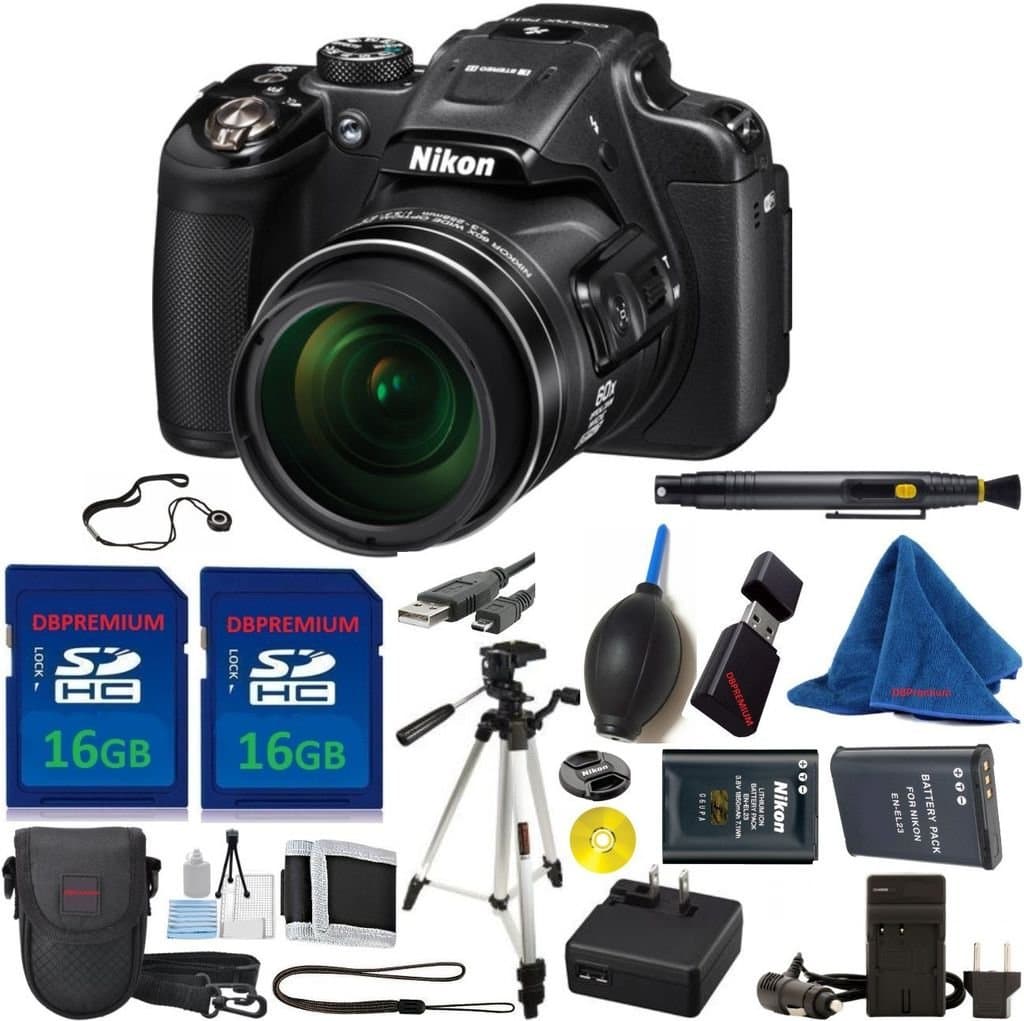 Nikon COOLPIX P610 Digital Camera with 60x Optical Zoom (Black) DBPREMIUM Bundle + DBPREMIUM 6pc Starter Kit + 2pcs DBPREMIUM 16GB Memory + Extra Battery + Charger + Cap Keeper + Tripod + Case