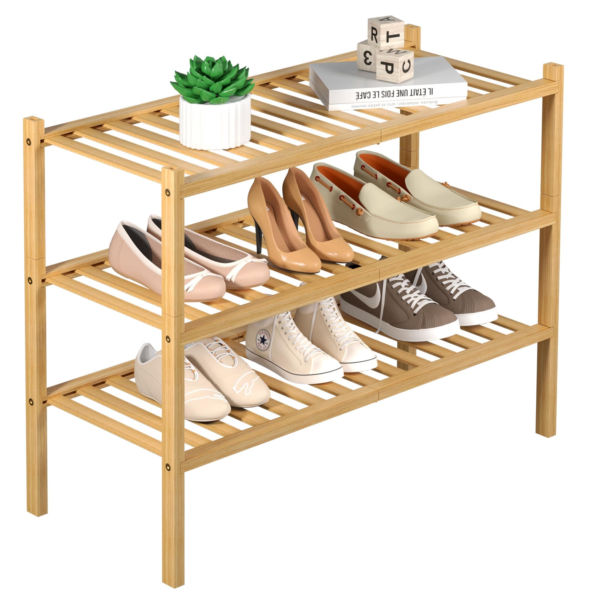 3 Tier Bamboo Shoe Rack for Closet Free Standing Wood Shoe Shelf Storage Organizer for Entryway Small Space Stackable 27"x11"x20" (Natural)