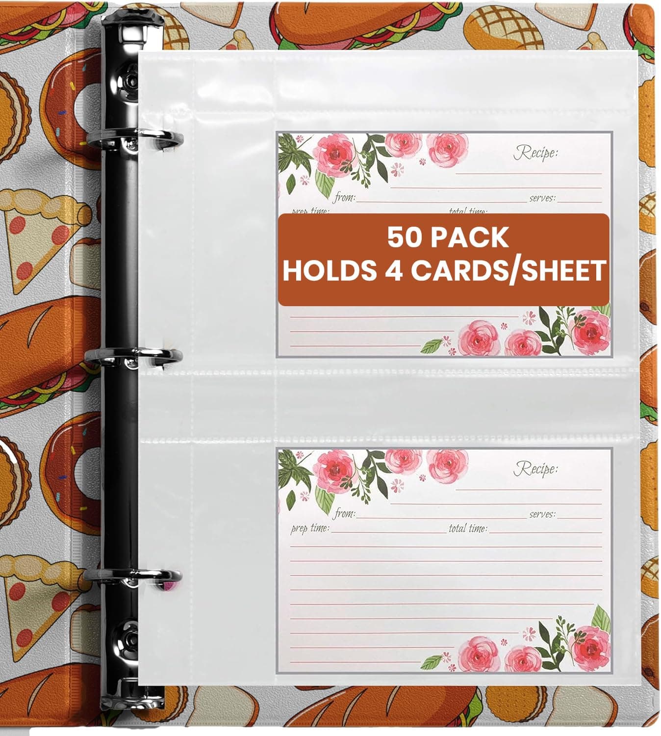Recipe Card Protectors 4x6 for 3 Ring Binder, 50 Pack (200 Pockets) β Clear Sleeves Hold 4 Per Page, Refill Sheets for Recipe Book, Photo Sleeves & Index Card Sleeve Organizer, Archival Safe