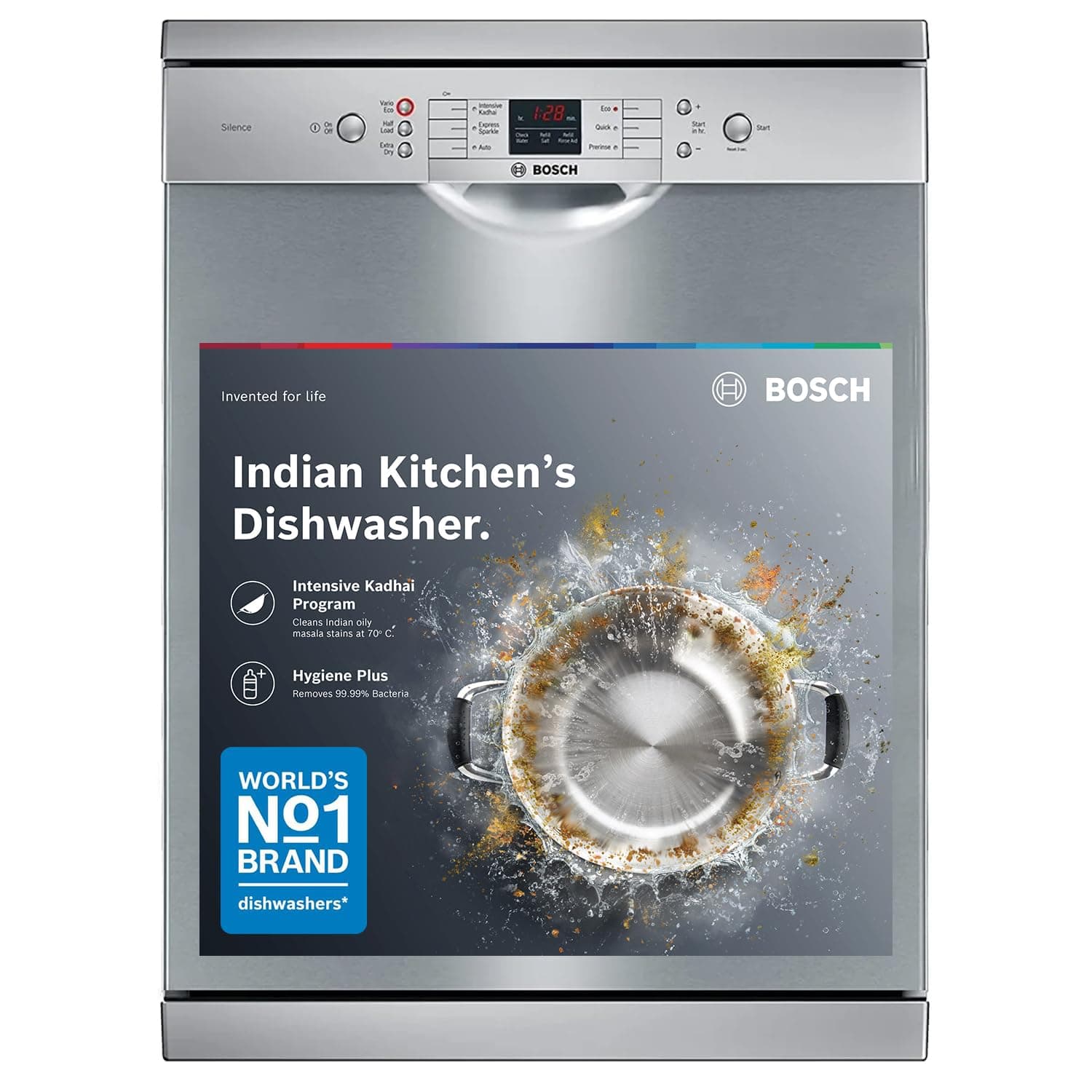 Bosch 13 Place Setting, EcoSilence Drive, Hygiene+ with Intensive Kadhai program, Free Standing Dishwasher, No.1 Brand in Dishwasher (SMS66GI01I, Silver Inox, Inbuilt heater, Removes 99.99% germs)