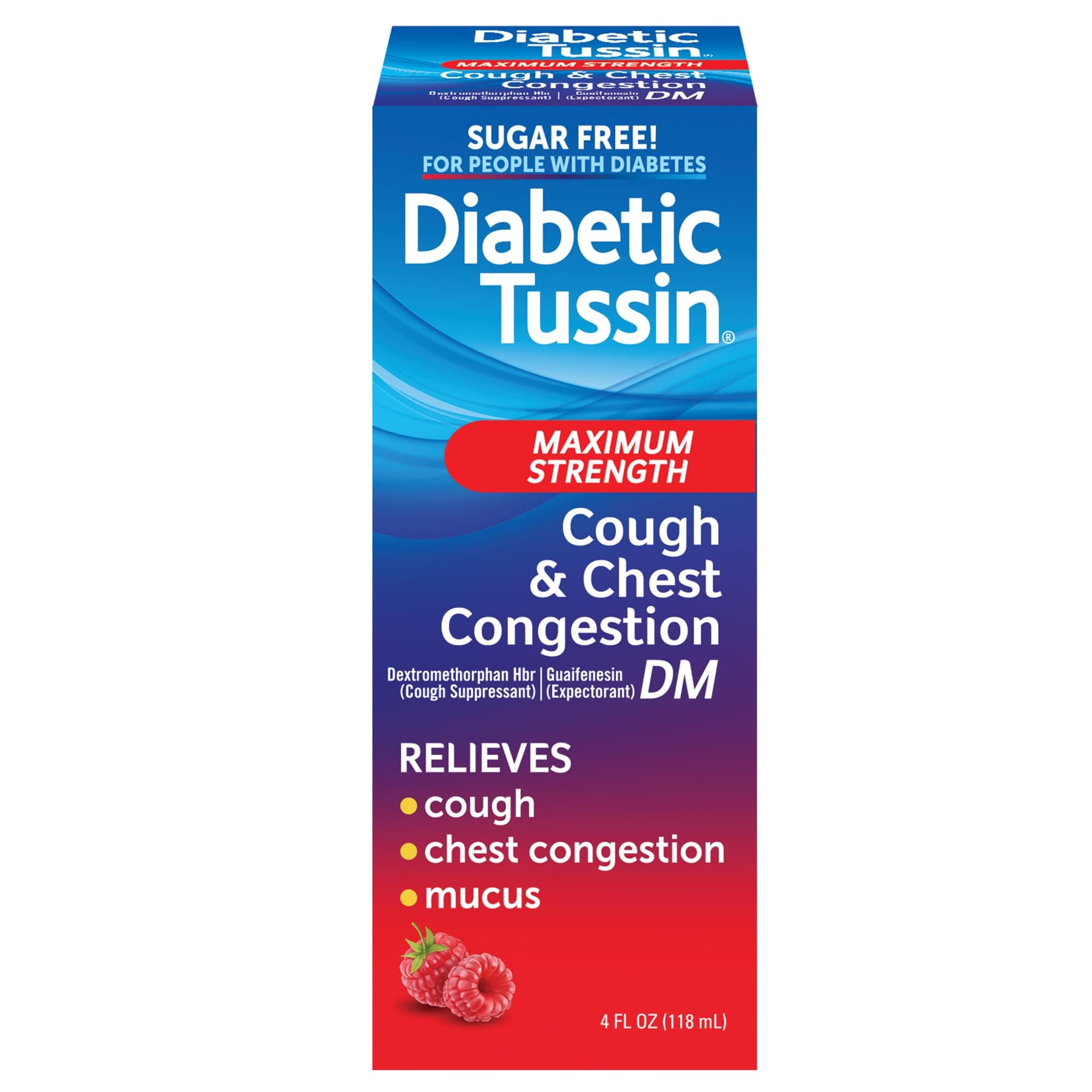 DM Maximum Strength Cough Medicine for Adults, People with Diabetes – No Sugar, Dyes, Sodium, Fructose or Alcohol – Berry Flavored Cough Syrup, 4 Fl Oz