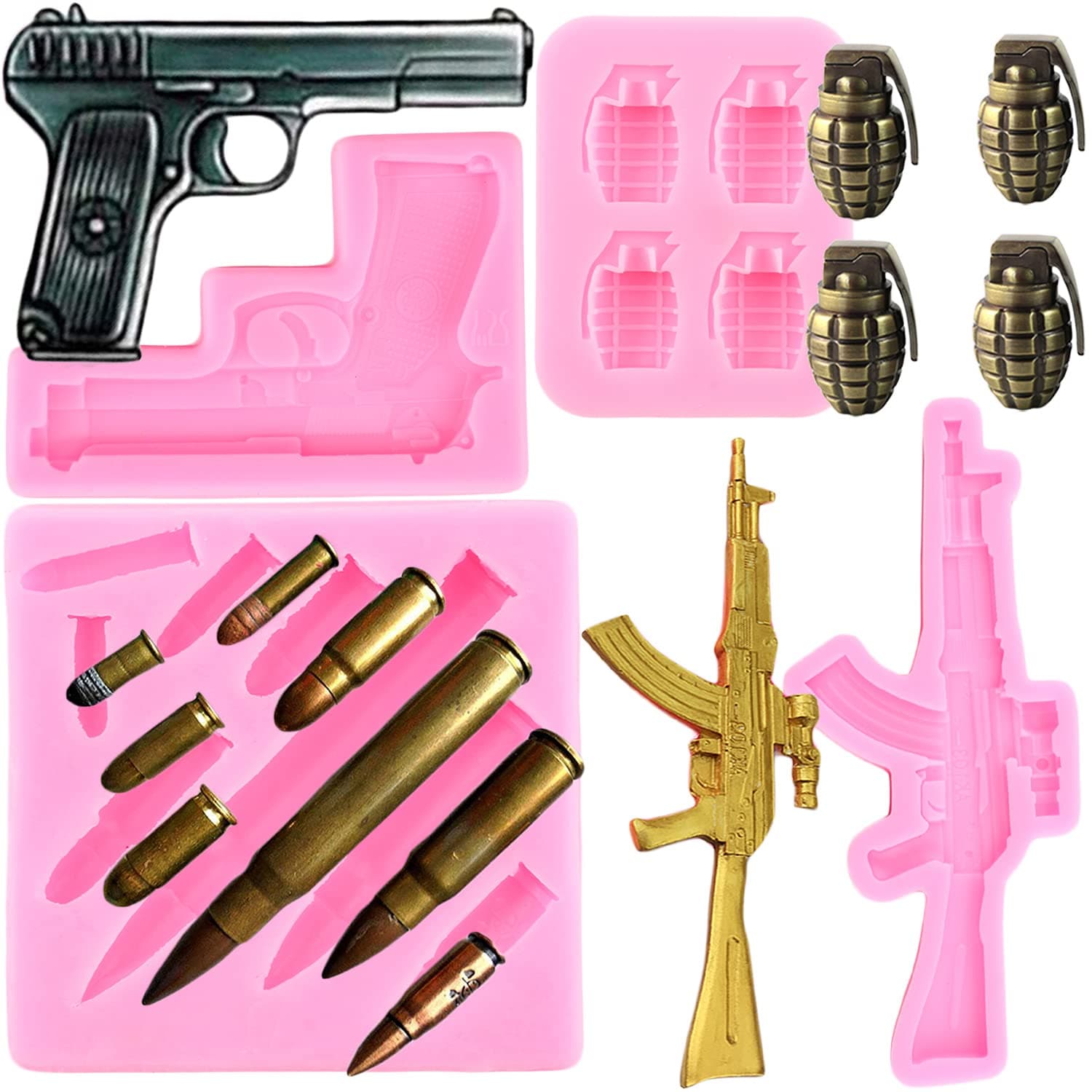 ZiXiang Gun Silicone Molds Pistol Machine Gun Fondant Mold Bullet Silicone Molds For Cake Decorating Cupcake Topper Chocolate Candy Polymer Clay Set Of 4