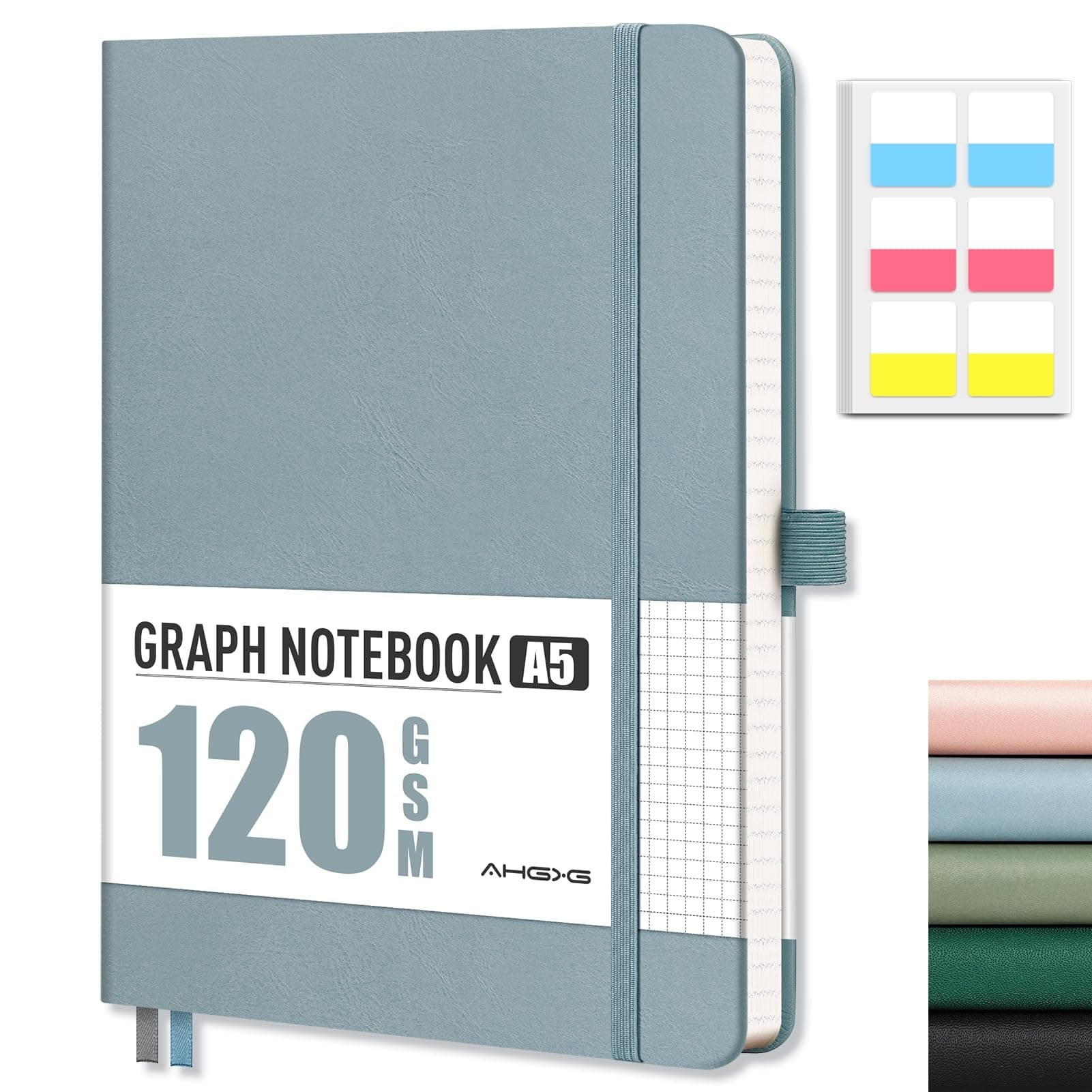 AHGXG Graph Paper Notebook - Grid Notebook Journal A5, 120 GSM Thick Graph Paper, 160 Pages, Leather Hardcover, for Graphing, Writing, Math, Engineering, 5.75'' × 8.38''- Gray Blue