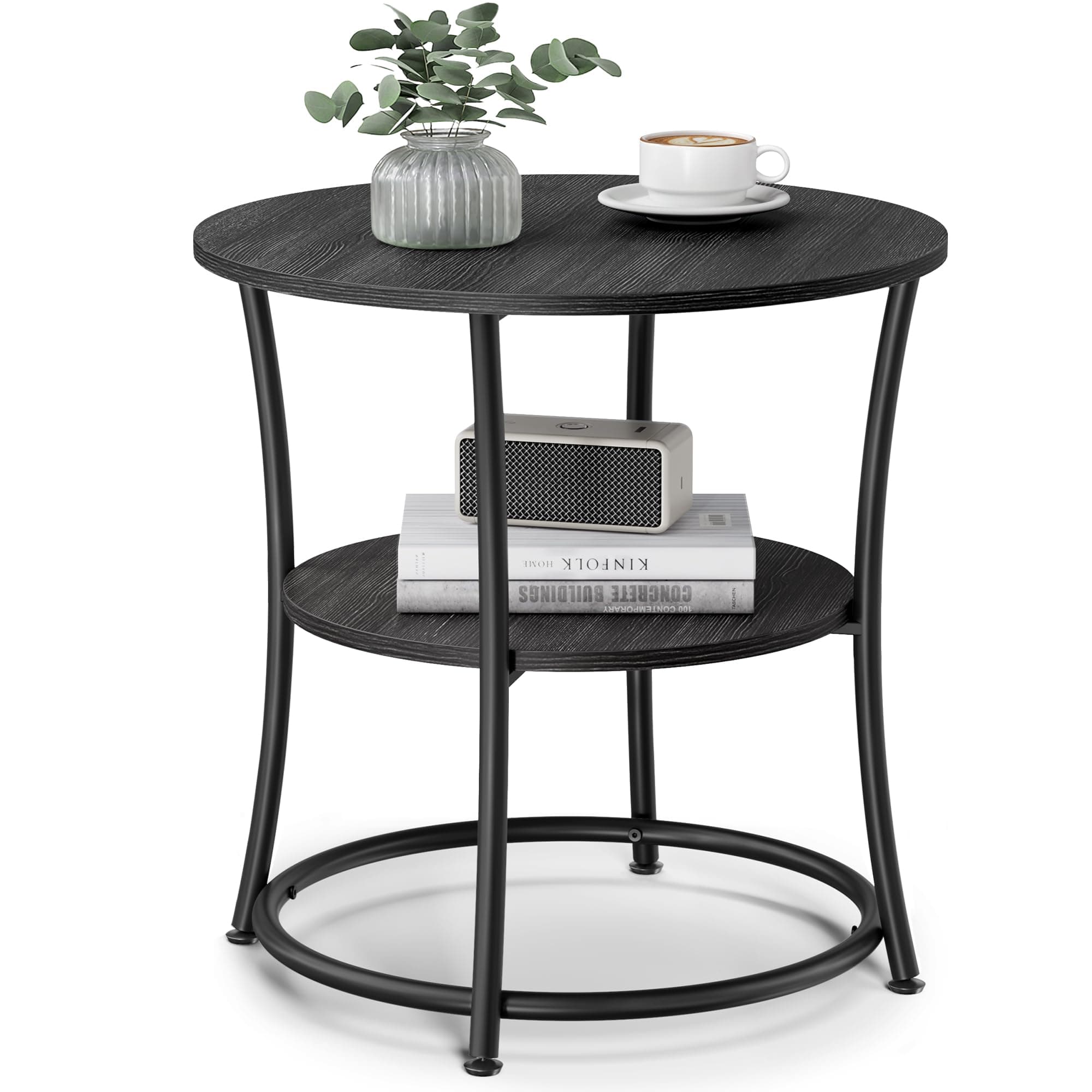 VASAGLE Side Table, 2-Tier Round End Table, Nightstand with Steel Frame for Small Spaces, Living Room, Bedroom, Charcoal Gray and Ink Black
