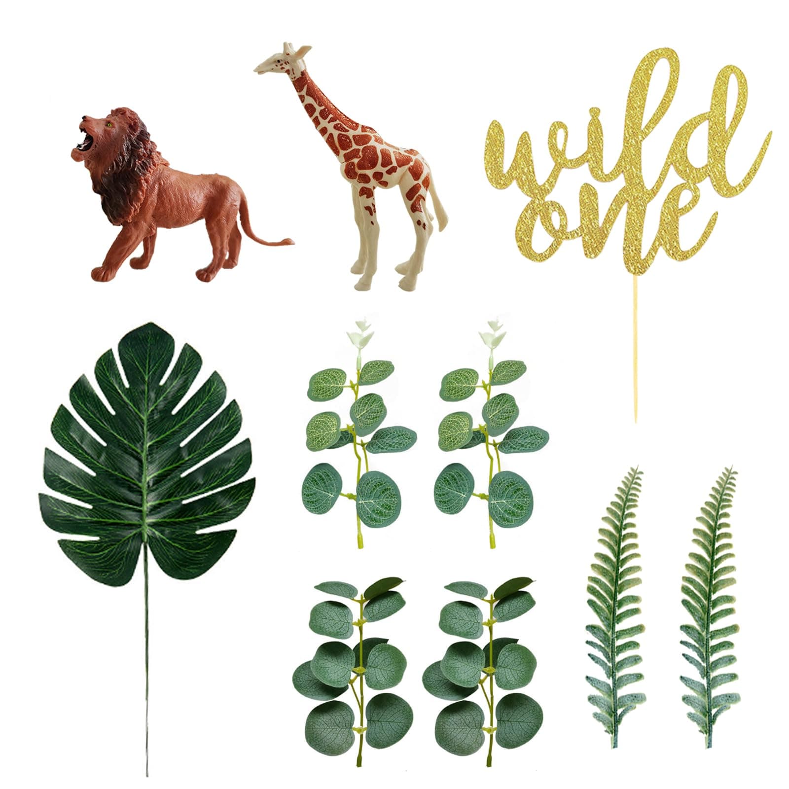 Realistic Safari Jungle Animals Cake Toppers with Plam Leaf Eucalyptus Leaves Cake Decorations for Wild Themed Birthday Baby Shower Party (Wild One)