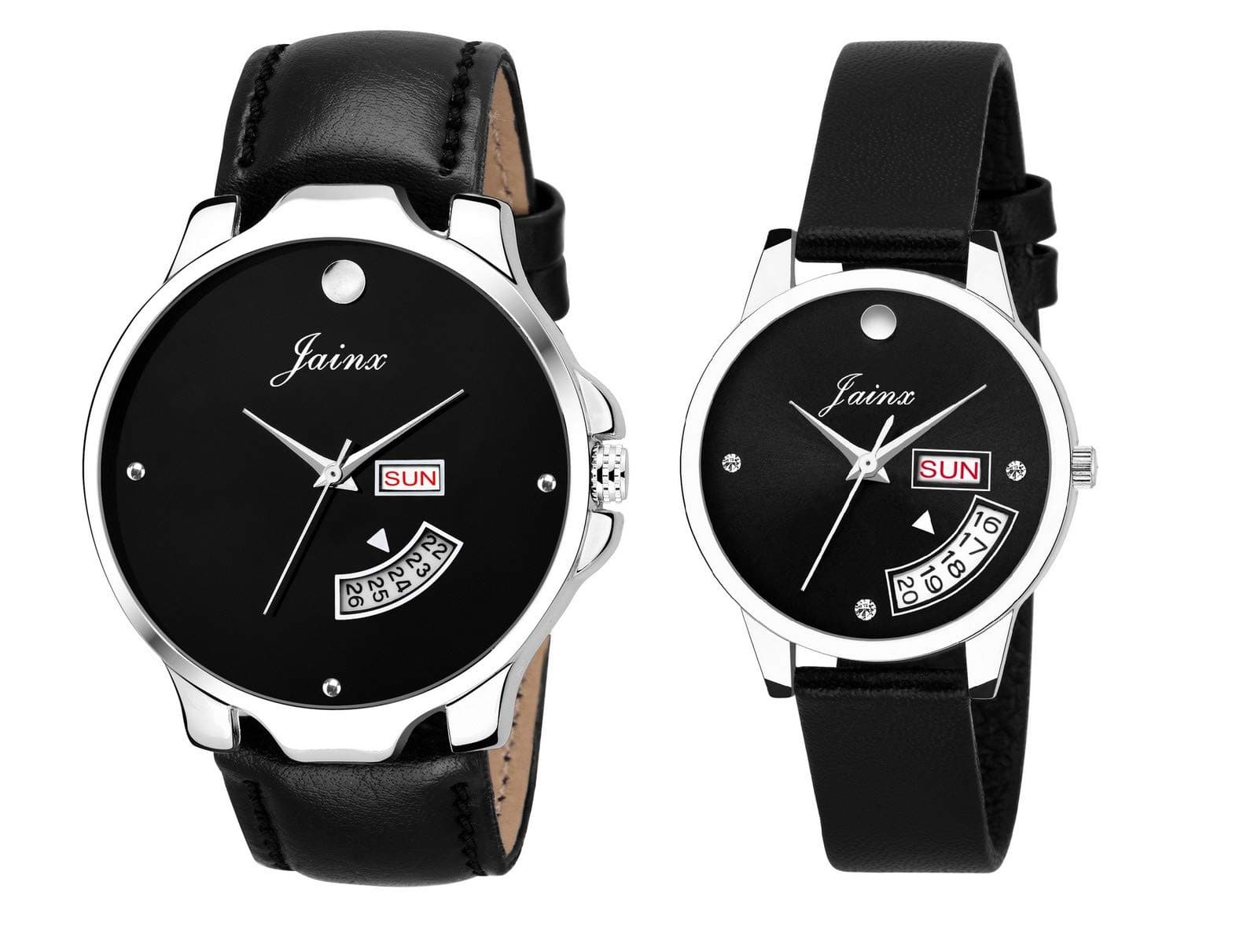 jainxBlack Dial Day and Date Feature Leather Strap Analog Wrist Watch for Couples - JC454