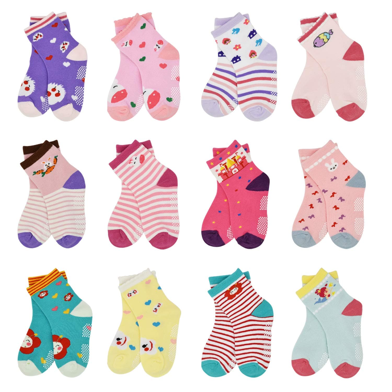 12 Pairs Kids Non Slip Skid Socks Grips Sticky Slippery Cotton Crew Socks For 1-3/3-5/5-7 Years Old Children Youth Boy Girl